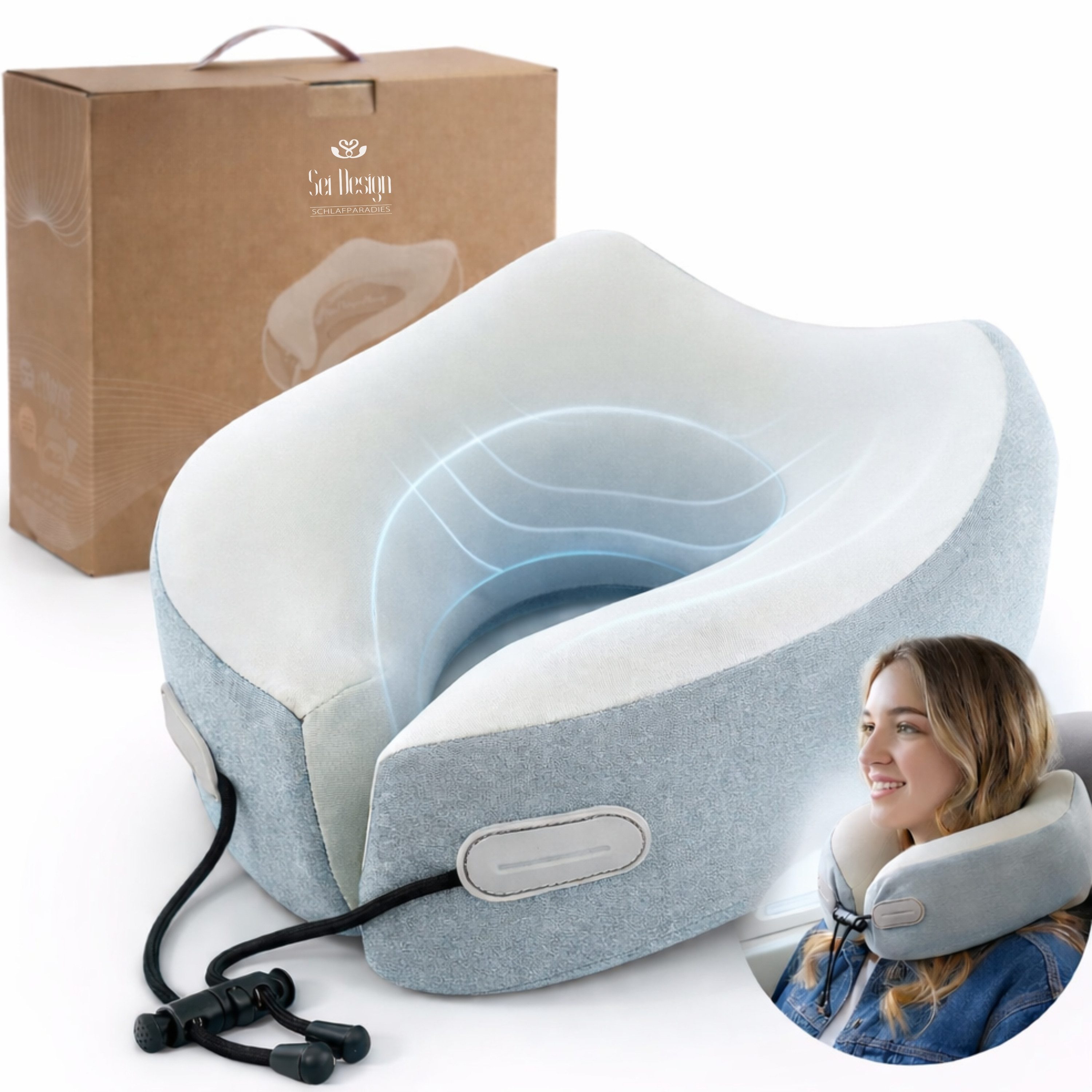 SEI Design Nackenstützkissen Nackenhörnchen - Nackenkissen Flugzeug - Reisekissen aus Memoryschaum, Bezug: Kühlend abnehmbar mit Reißverschluss und Kordel, Reisen, Flügzeug, Bahn, Auto, Büro, mitzunehmen.