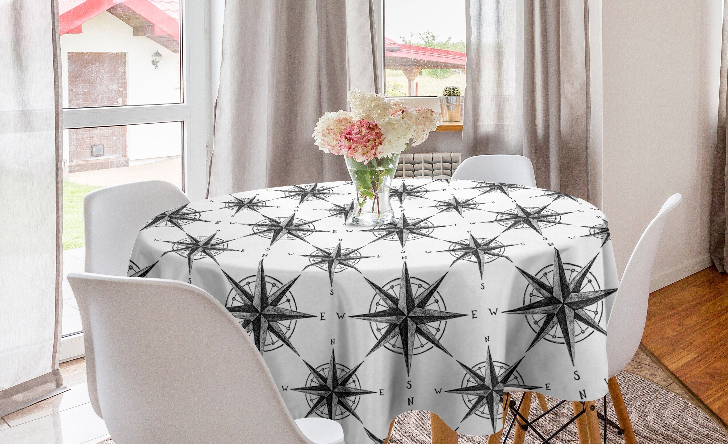 Abakuhaus Tischdecke Kreis Tischdecke Abdeckung für Esszimmer Küche Dekoration, Kompass monochrome Windrose