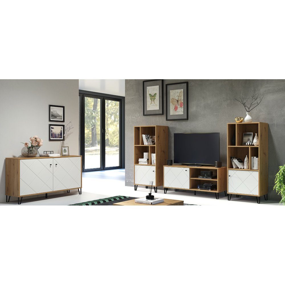 Lomadox Wohnwand TORINO-19, (4-St., 4-tlg), TV Schrank Set in Artisan Eiche Nb. mit weiß matt, : 279/136/40 cm