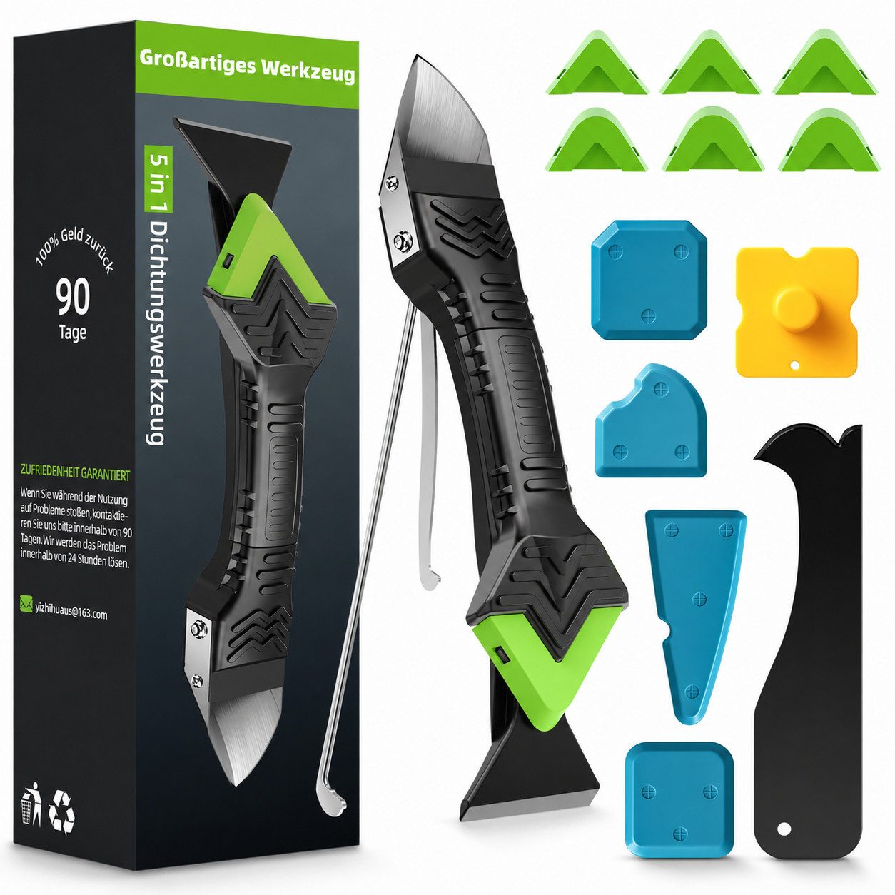ibettertec Multitool Multitool 5‑in‑1 Silikonentferner‑Set – Fugenwerkzeug aus Edelstahl, (Set, mit 6 austauschbaren Silikonpads, Schaber und Dichtstoffwerkzeug), Praktisches 5-in-1 Fugenwerkzeug