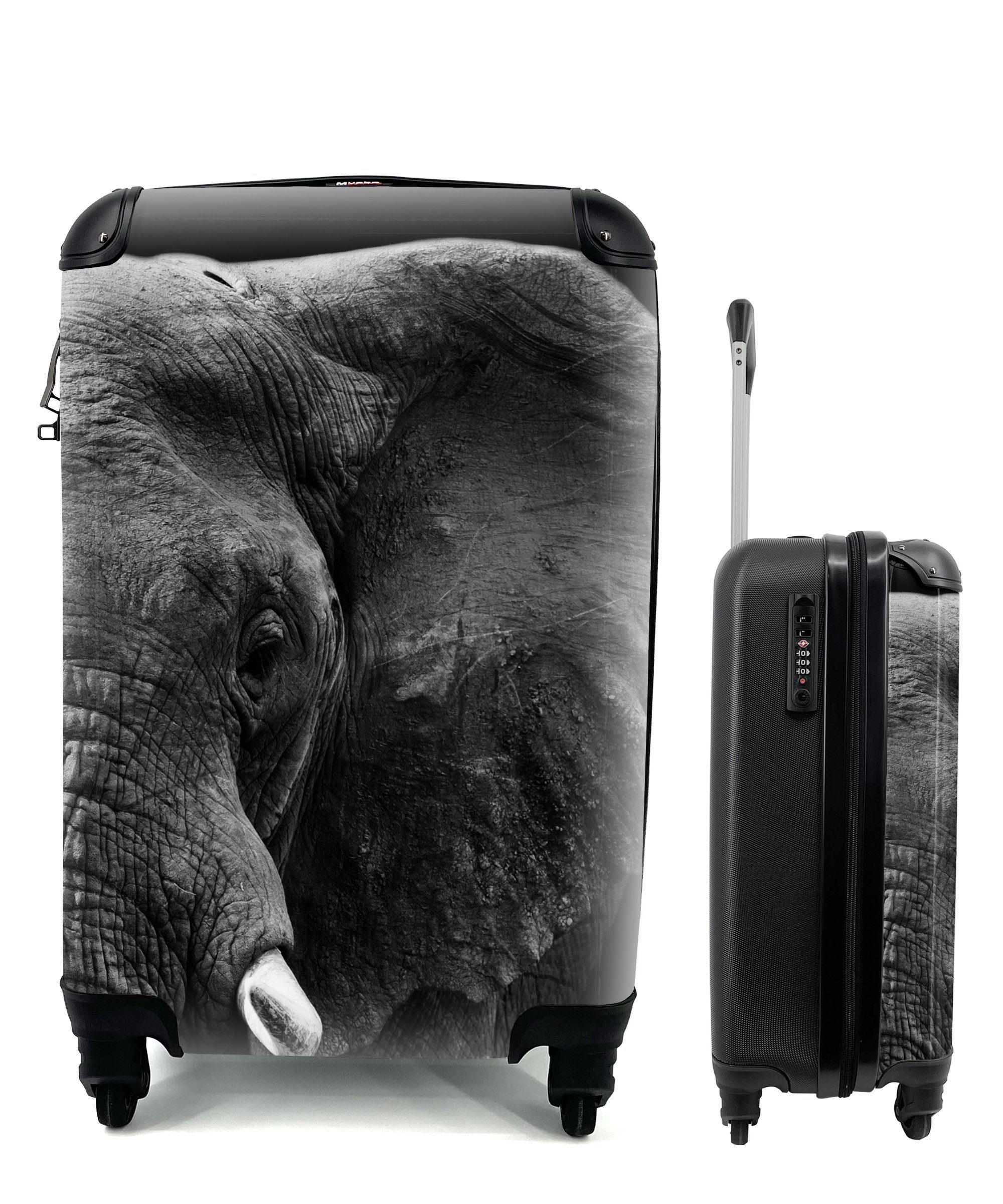 MuchoWow Handgepäckkoffer Tiere - Elefant - Wild - Schwarz - Weiß, 4 Rollen, Reisetasche mit rollen, Handgepäck für Ferien, Trolley, Reisekoffer