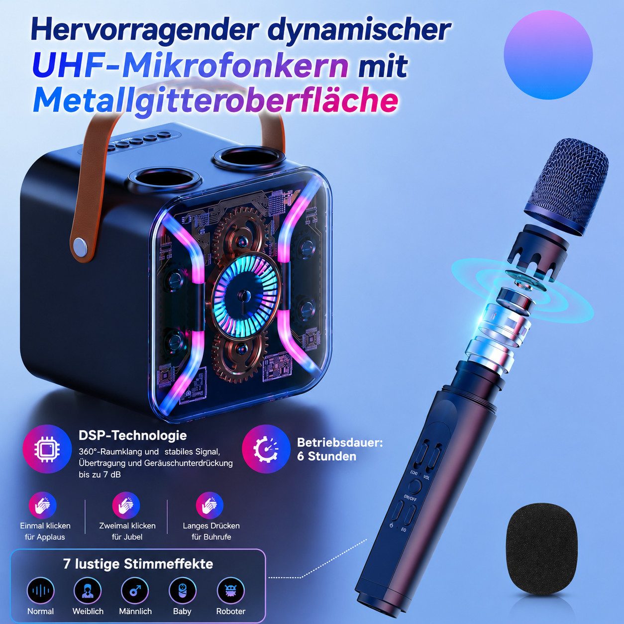 MOPUEA Karaoke-Maschine mit 2 kabellosen Mikrofonen Party-Lautsprecher Bluetooth-Lautsprecher 2 (Bluetooth, Radio, USB, AUX IN, Micro SD Kartenslot, 30 W, Party – Bild 2 von 5