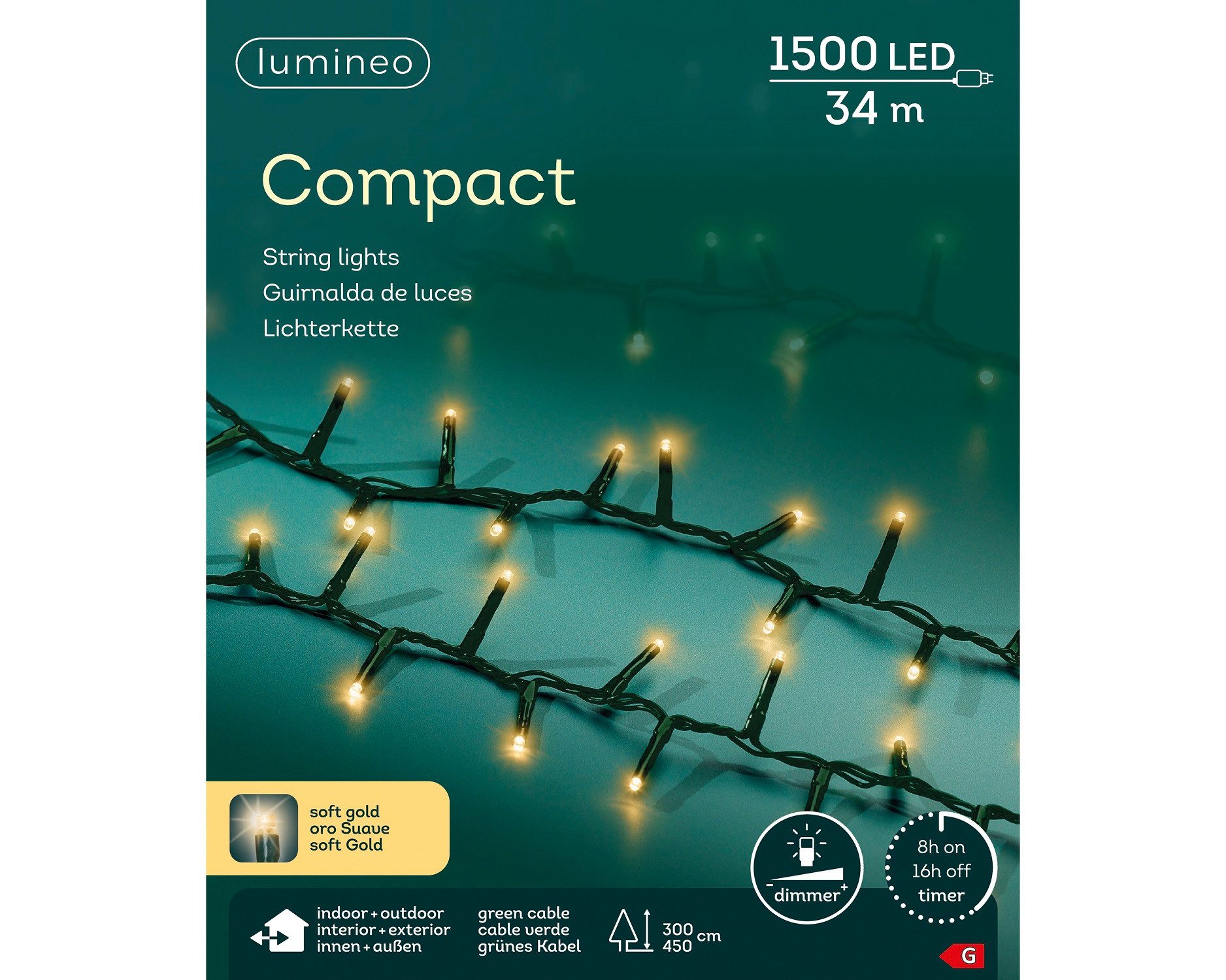 Lumineo LED-Lichterkette Lumineo Lichterkette COMPACT 1500 LED 34 m, Soft Gold, grünes Kabel, Indoor/Outdoor, dimmbar, 8h-Timer, 5 m Zuleitung