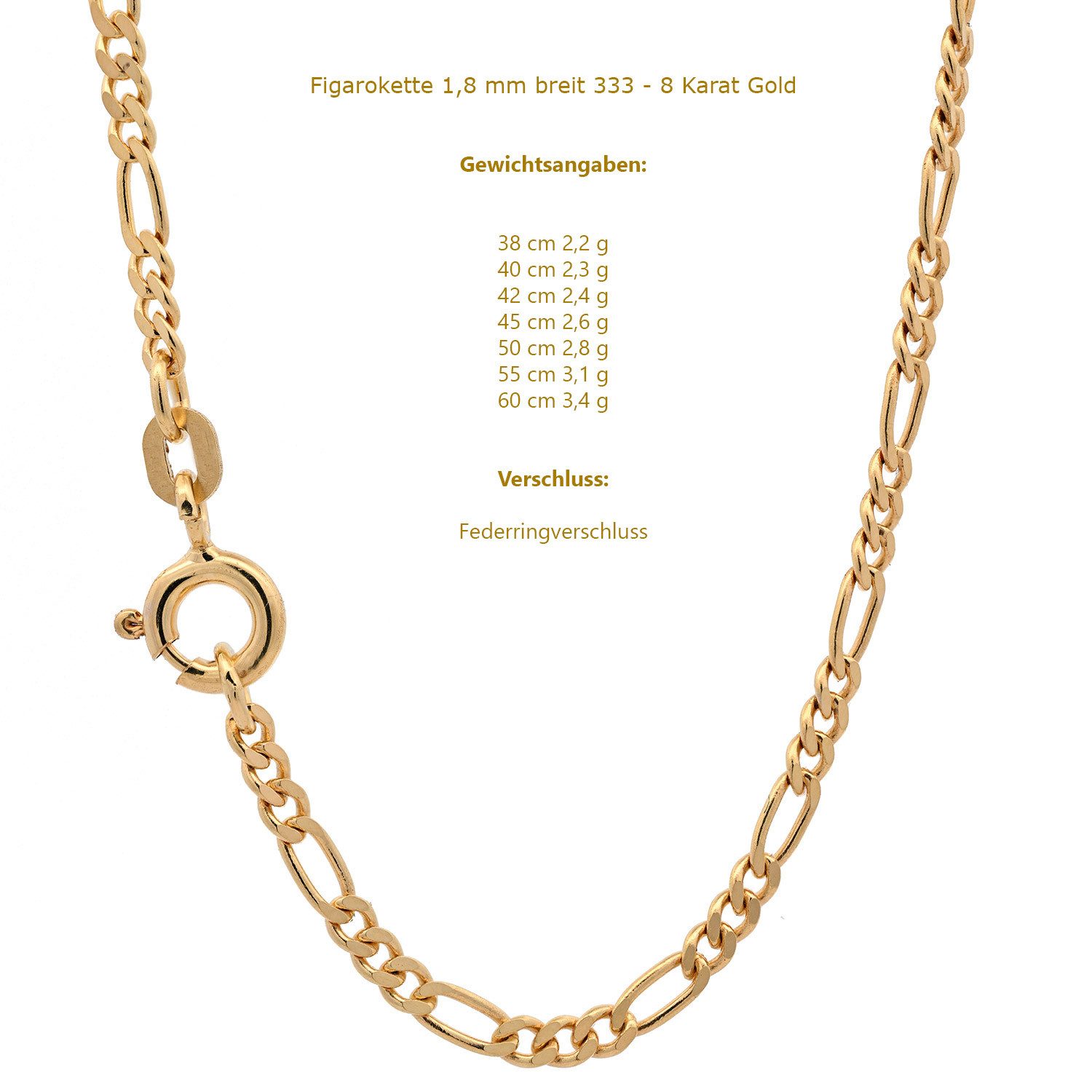 HOPLO Goldkette Goldkette Figarokette Halskette Breite 1,8 mm 38 cm 333 - 8 Karat Gold, Made in Germany – Bild 2 von 5