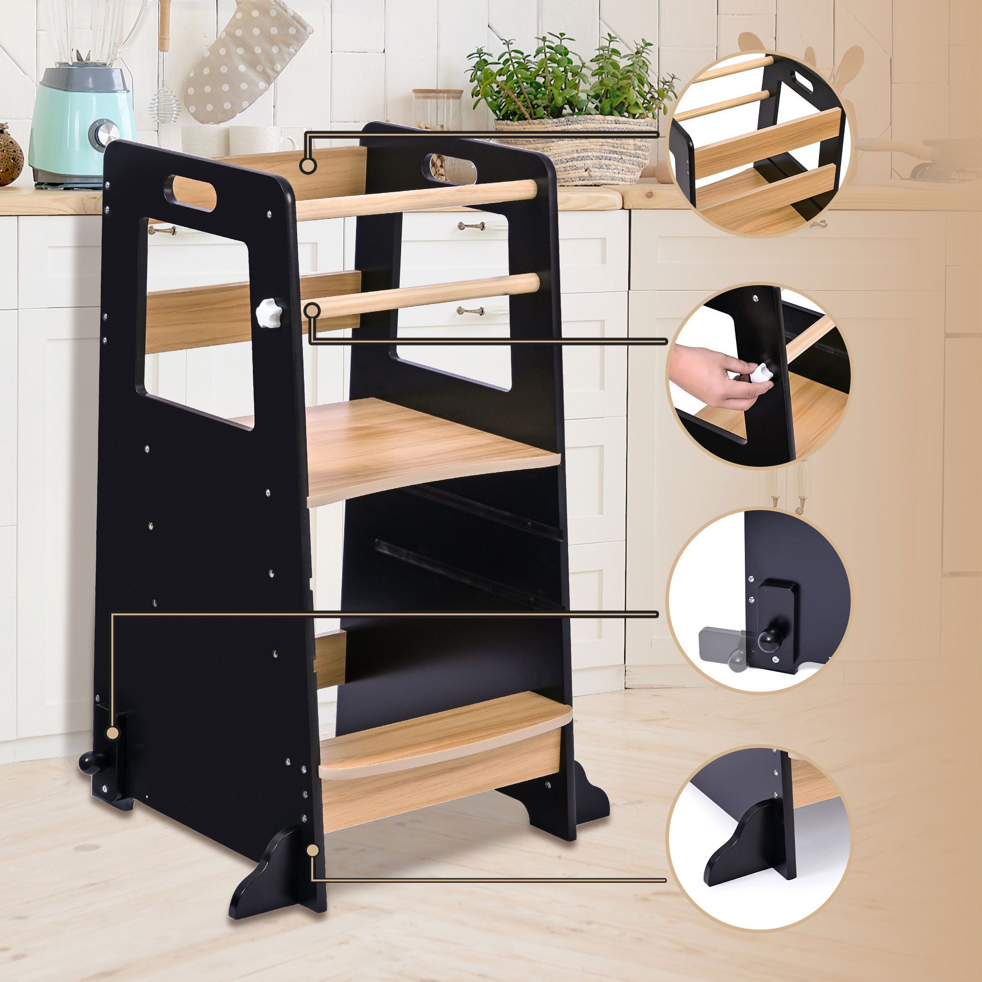 Baby Vivo Stehhilfe Lernturm aus Holz höhenverstellbar Kippschutz - Noah in Schwarz