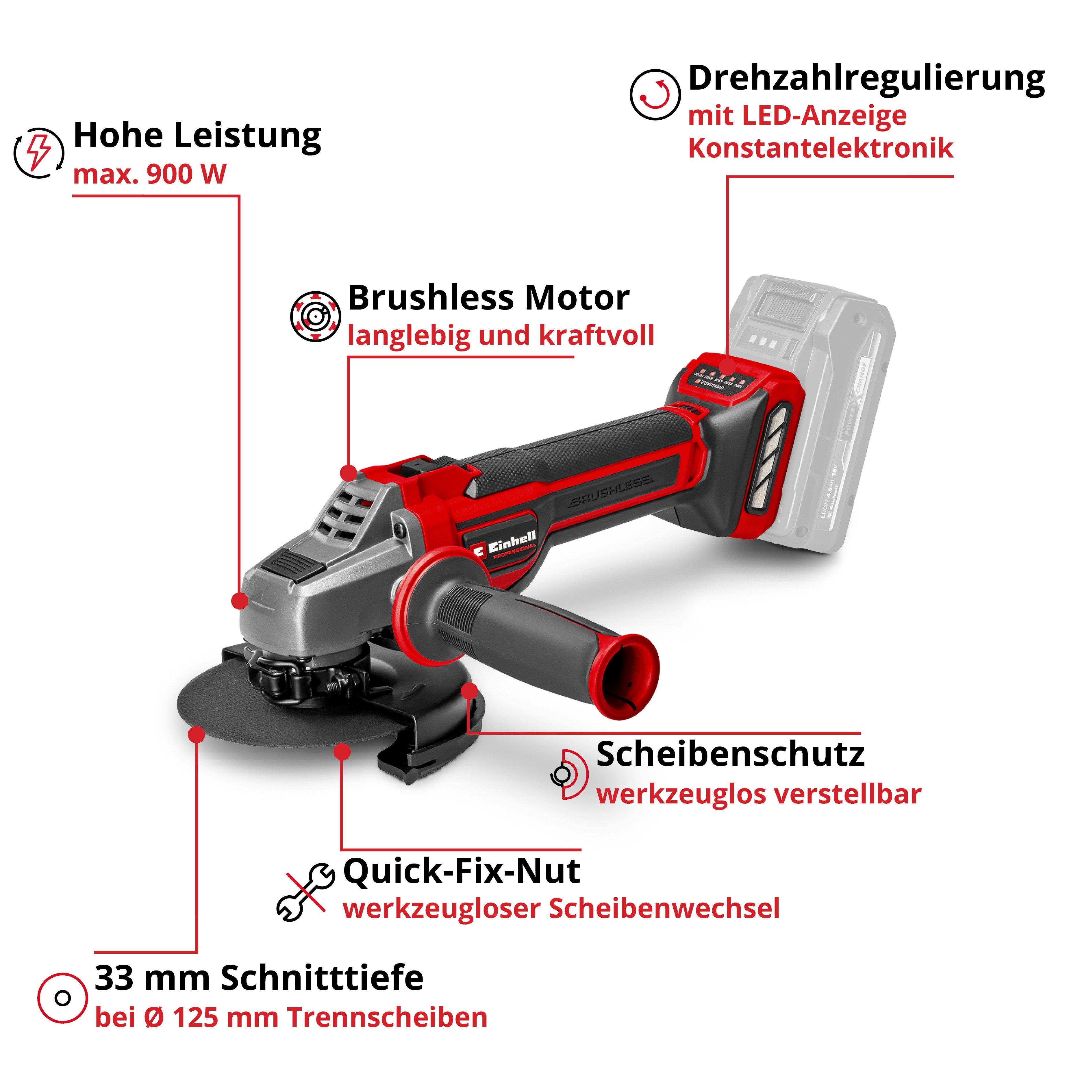 Einhell Akku-Winkelschleifer TP-AG 18/125 CE Q Li - Solo, max. 10500 U/min, ohne Akku und Ladegerät
