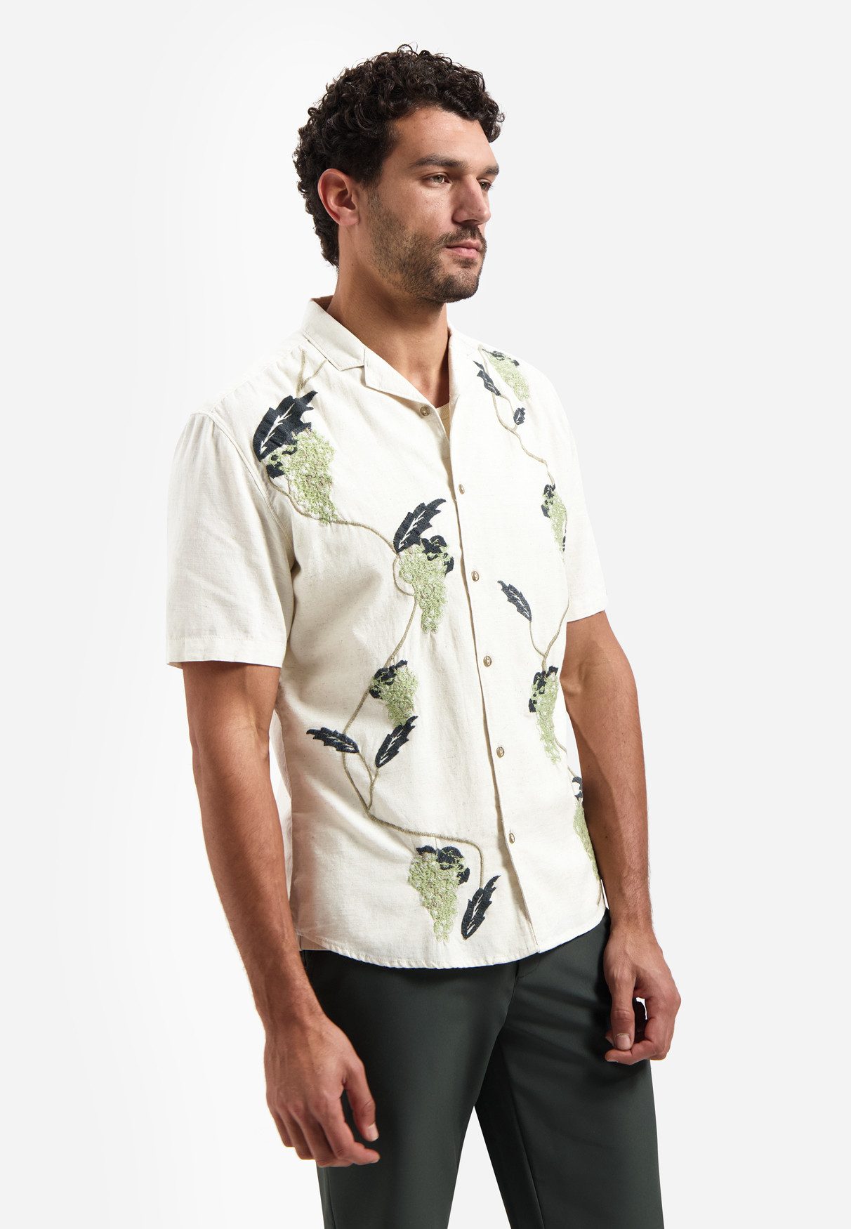 NO EXCESS Businesshemd Shirt Short Sleeve Placed Embroidery, Green