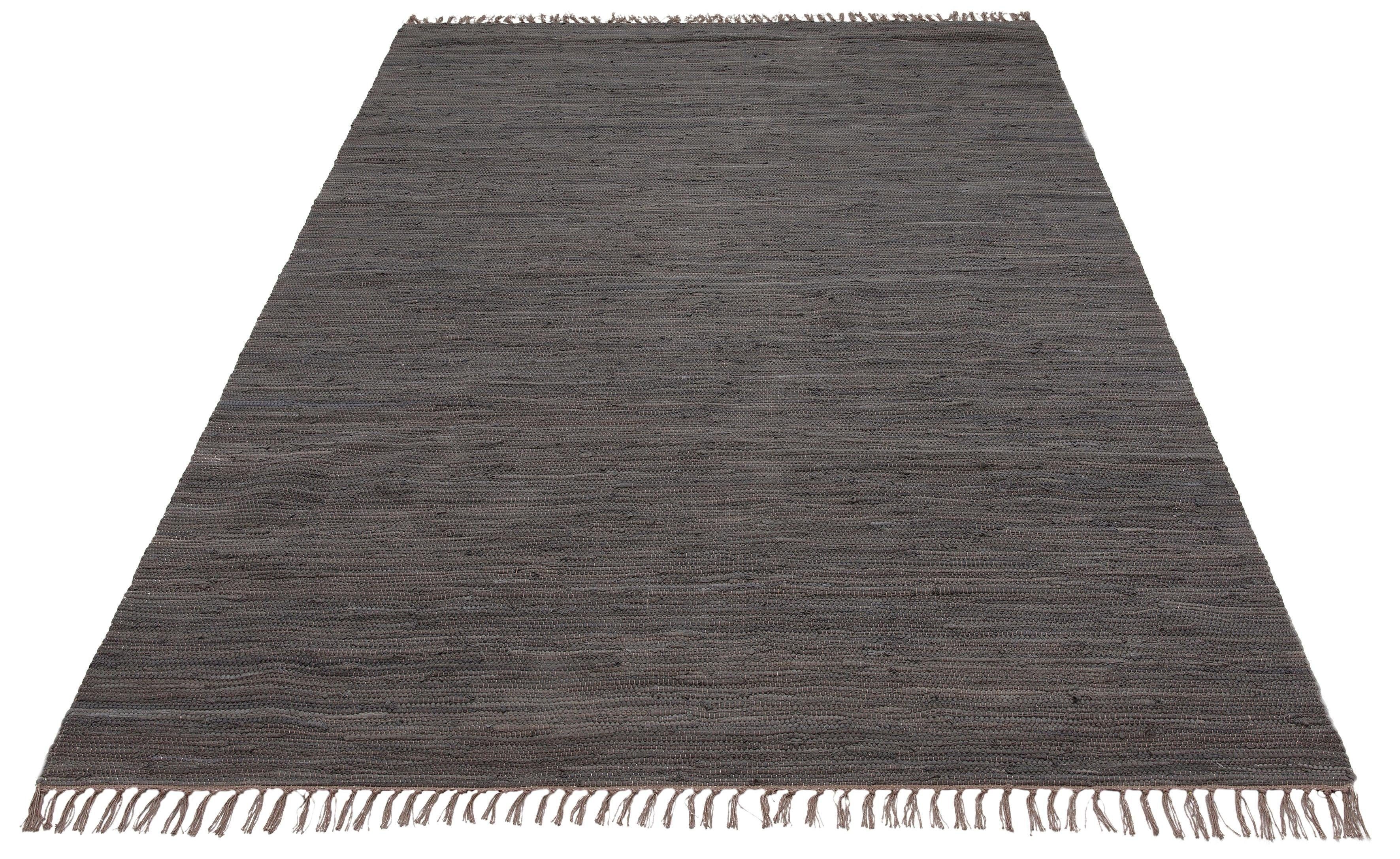 Teppich Paul, Lüttenhütt, rechteckig, Höhe: 5 mm, Wendeteppich, handgewebt, beidseitig verwendbar, mit Fransen anthrazit