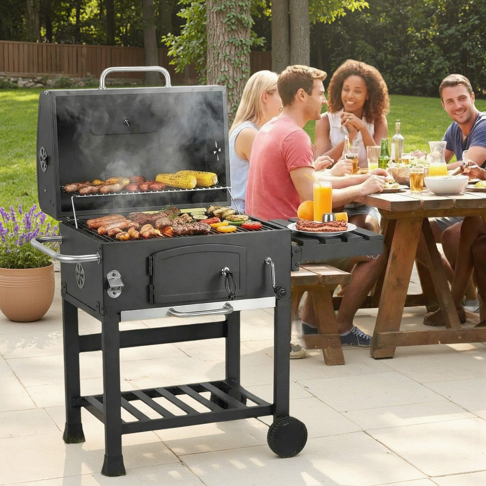 TLGREEN Holzkohlegrill mit Deckel, Grill Grillwagen BBQ Smoker XL, Holzkohlegrill mit Ablage, Standgrill, Groß Kohlegrillwagen für Camping, Garten