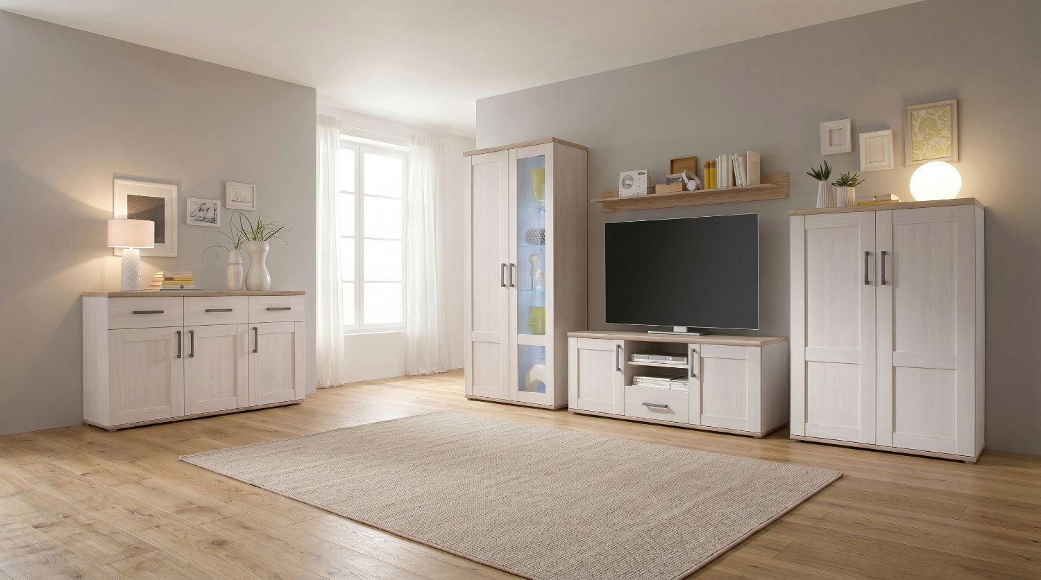 moebel-dich-auf Wohnwand ELEGANCE, (in Sibiu-Lärche Nb. Absetzung: San Remo hell, Vitrine + Wandboard + Lowboard + Stauraumelement), im Landhausstil inkl. LED-Beleuchtung