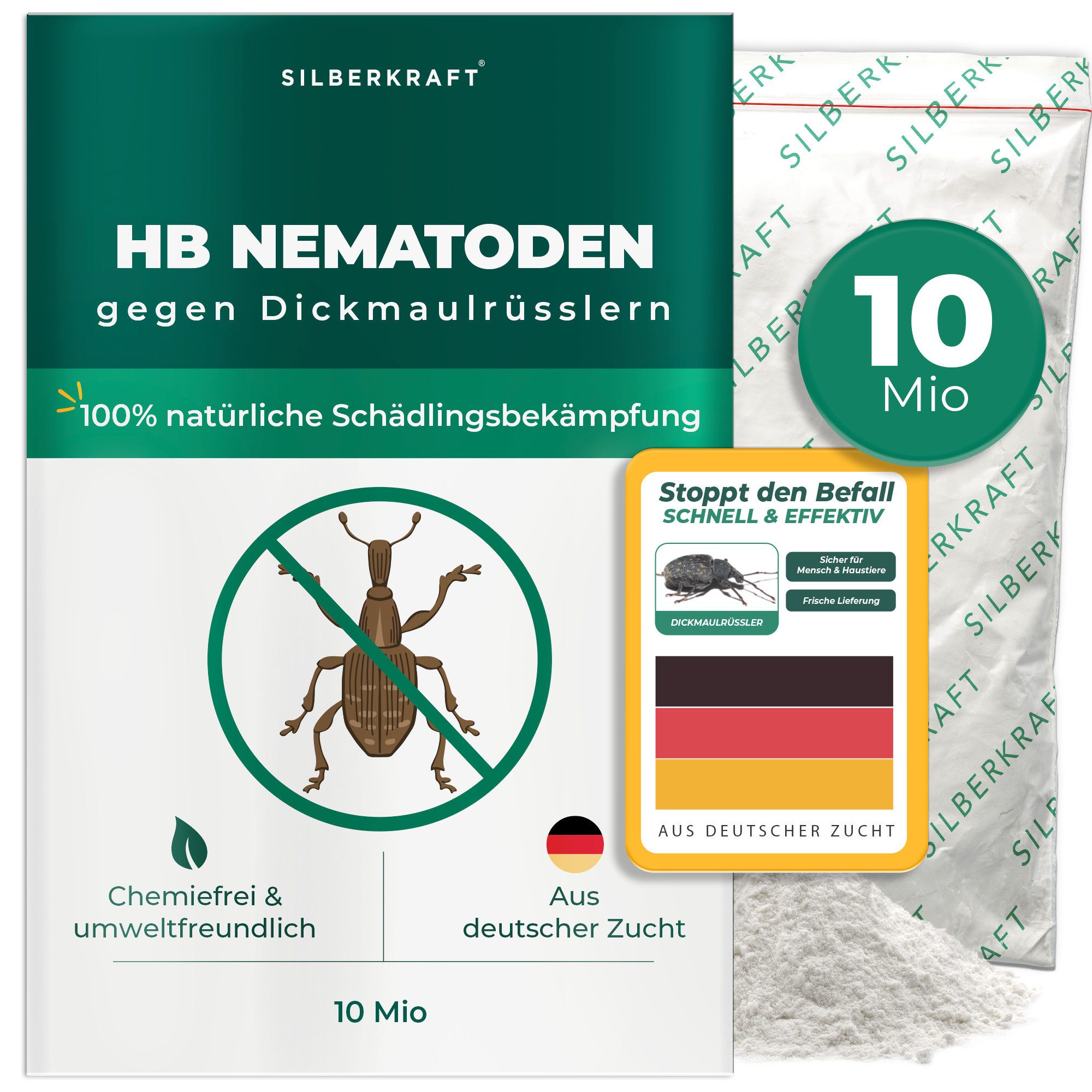Silberkraft Insektenvernichter HB-Nematoden gegen Larven von Dickmaulrüssler, Gartenlaubkäfer & mehr, biologische Schädlingsbekämpfung für Garten & Topfpflanzen