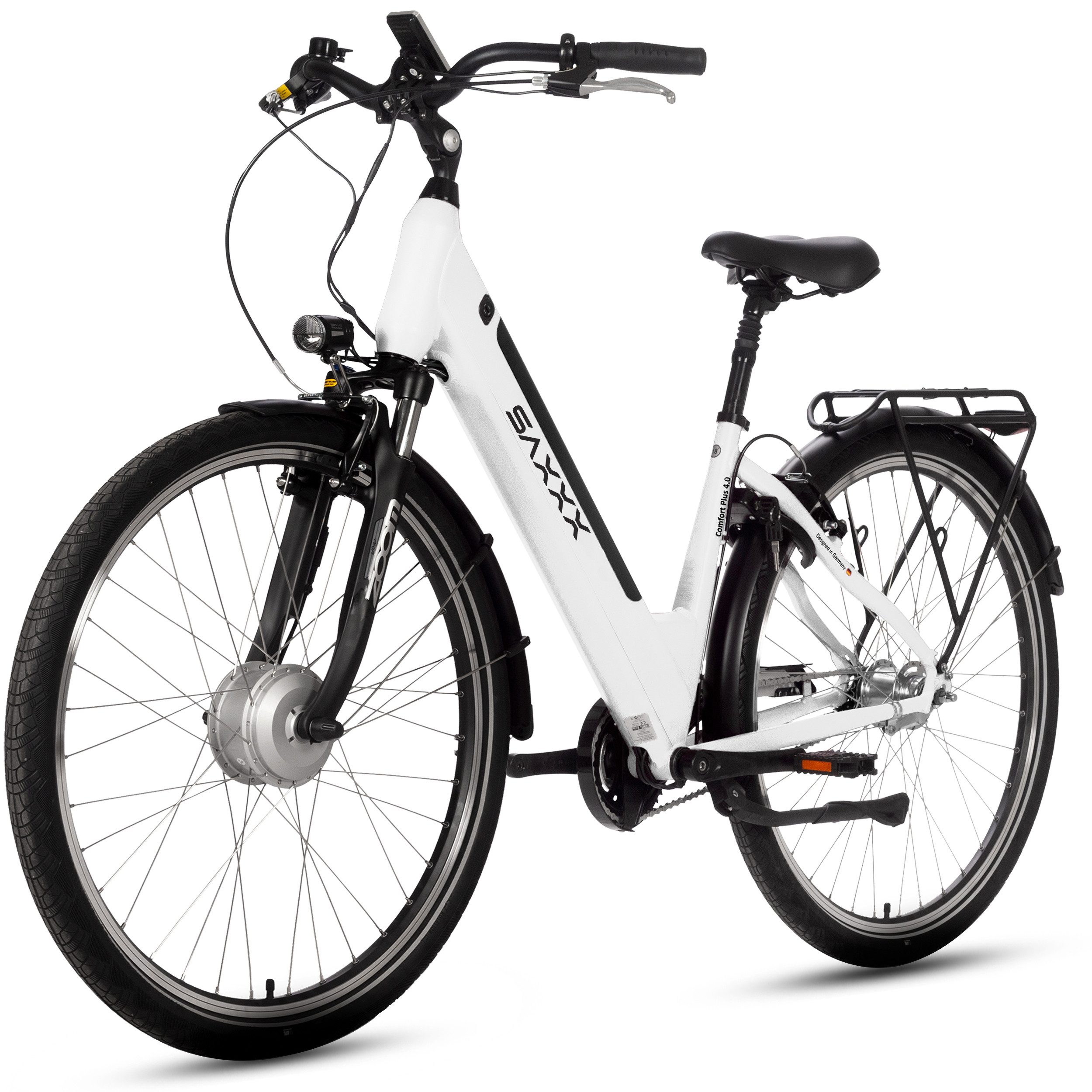 SAXXX E-Bike Cityrad 28 Zoll, max.90km, Federsattelstütze, Federgabel mit Lockout, V-Bremse, 7 Gang Shimano NEXUS Schaltwerk, Nabenschaltung, Frontmotor, 418 Wh, 5 Stufen, max. 130 kg, Pedelec, Elektrofahrrad für Damen und Herren