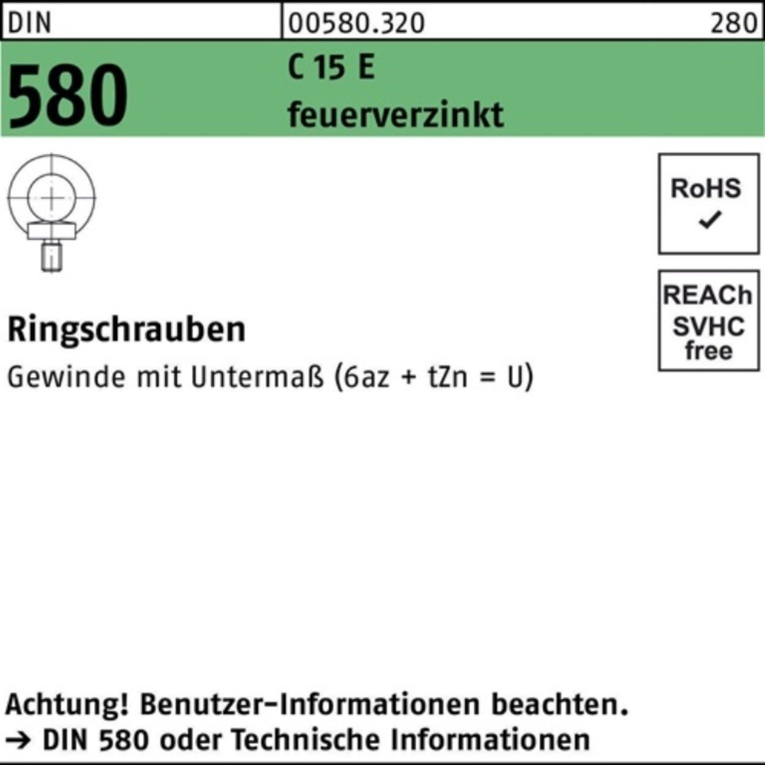 Stück Reyher 580 M20 Schraube C 580 Ringschraube E 100er DIN feuerverz. 15 DIN Pack 1