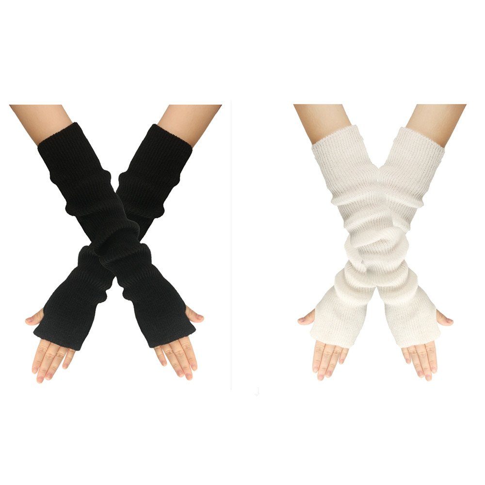 Strickhandschuhe Daumenloch Lange mit 2 Fingerlose black+white XDeer Halbfingerhandschuhe Paar für Damen Armstulpen Stricken Handschuhe,Winter