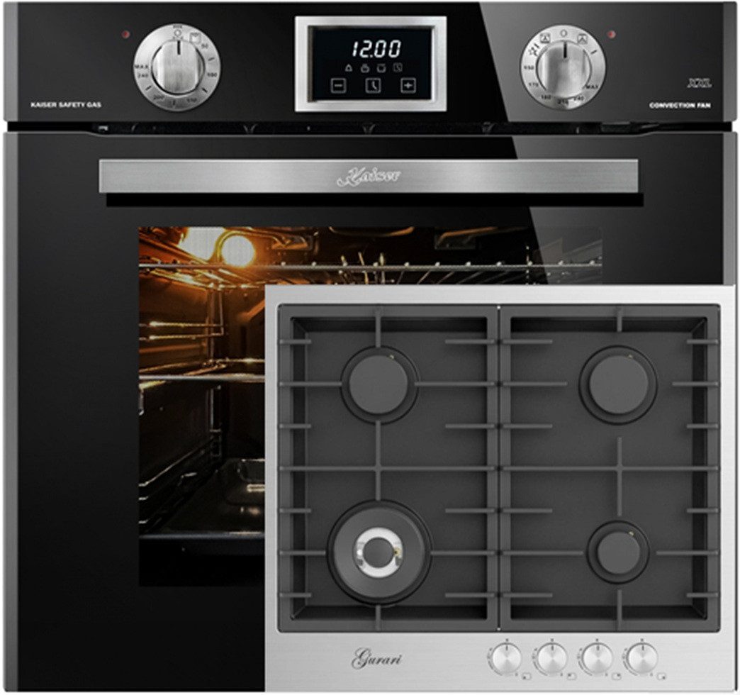 Kaiser Küchengeräte Backofen-Set Herd Set Autark Einbaubackofen, 79 L, autark,Erdgas,Propangas mit Gas-Kochfeld 60 cm, Edelstahl - Schwarz 4,0 KW WOK, 4 Gasbrenner EG 6374 SP+TX 604 VTGL., mit 1-fach-Teleskopauszug