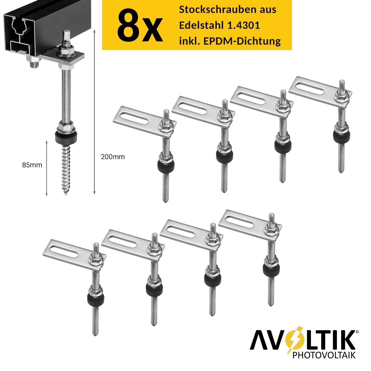 avoltik Solarmodul-Halterung PV Halterung Blechdach Montageset für 2-4 Module, (Blechdach Halterung 200 mm Stockschraube)