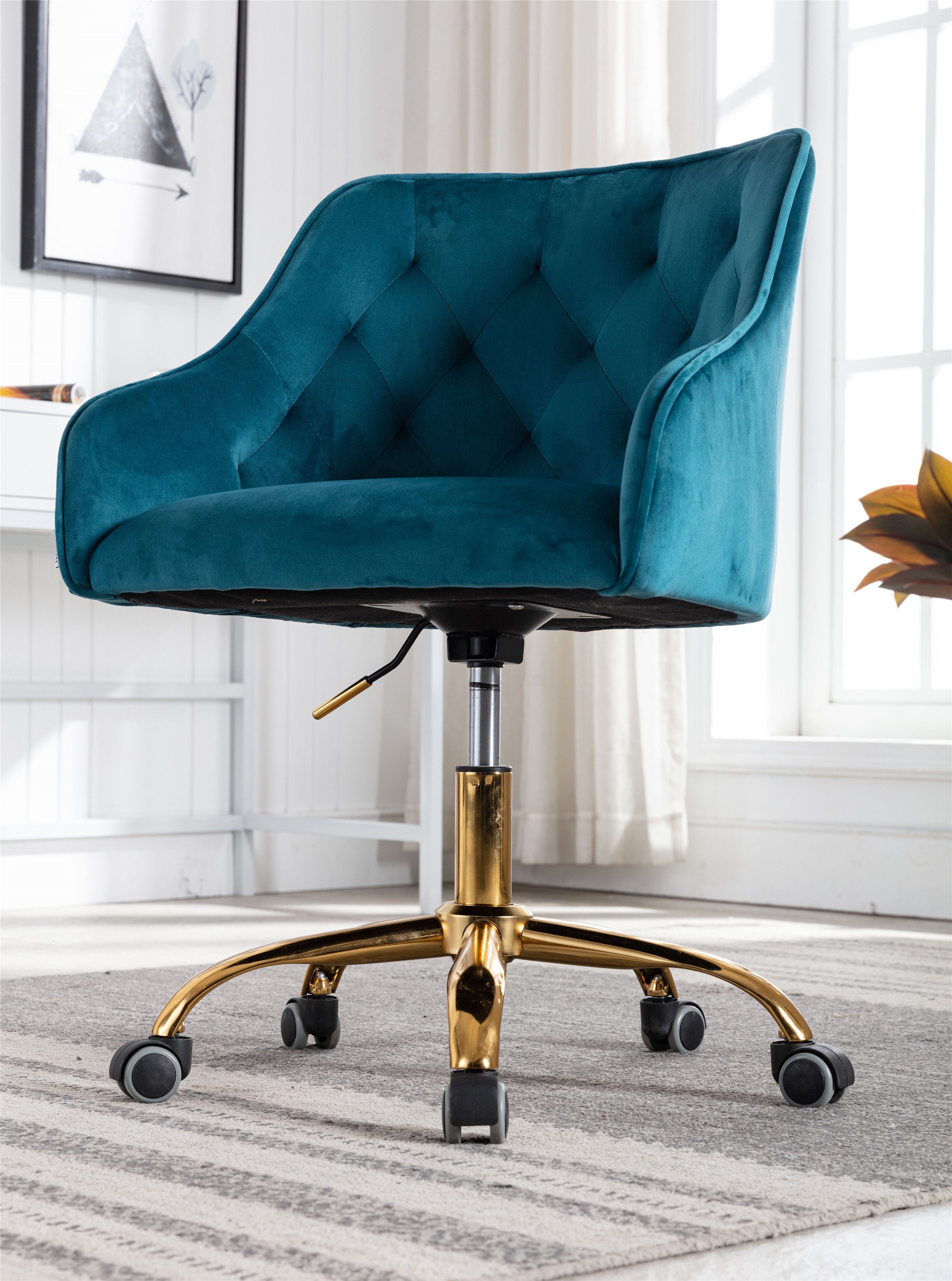 Merax (1 Schreibtischstuhl St), höhenverstellbar gepolstert Bürostuhl aus Türkis Drehstuhl Basis Samt, Bürostuhl, goldfarbener mit