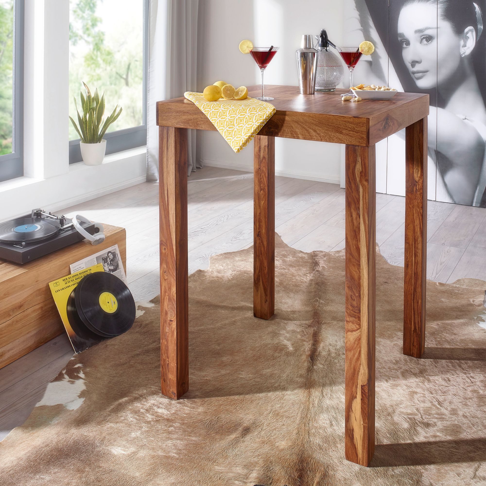 furnicato Stehtisch Bartisch Massivholz Walnuss Finish 80x110x80 cm Braun (1-St), Handgefertigter Stehtisch mit großer Ablagefläche für Getränke