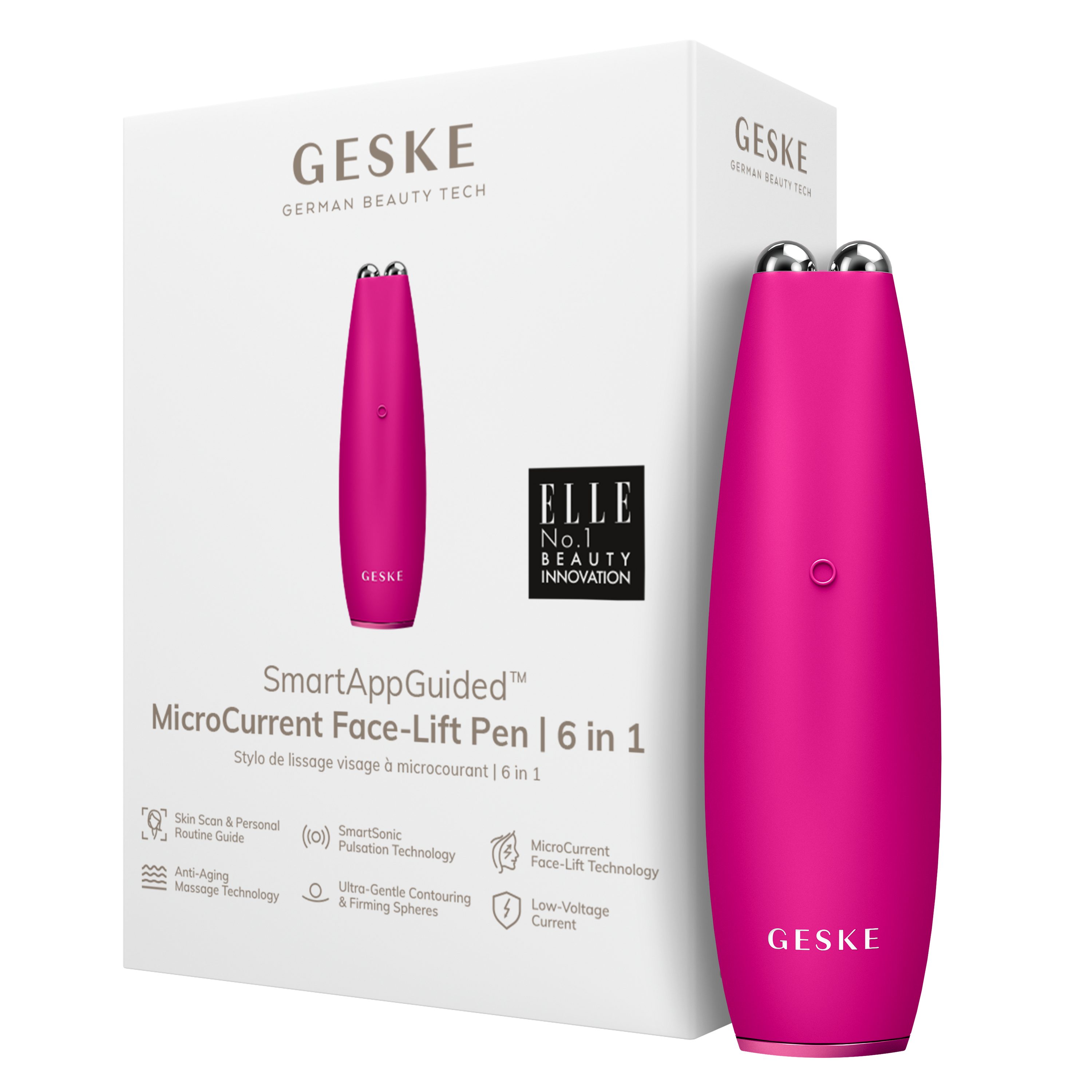 GESKE German Beauty Tech Enhancer SmartAppGuided™ MicroCurrent Face-Lift Pen 6 in 1, Packung (Gerät & USB-Ladekabel), 2-tlg., Gerät inkl. kostenloser APP (SmartAppGuided Device), Mit der GESKE App erhältst Du deine personalisierte Hautpflegeroutine. Magenta
