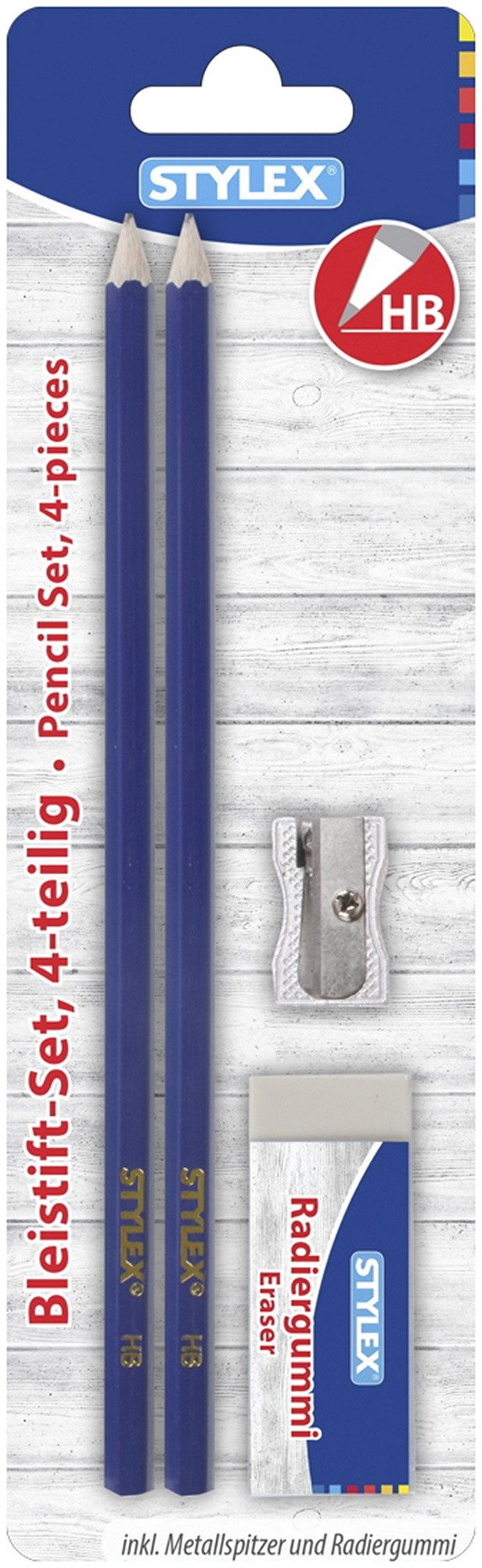 Stylex Schreibwaren Anspitzer Bleistiftset / 2 Bleistifte HB, 1 Metall-Anspitzer + Radierer / Farbe: