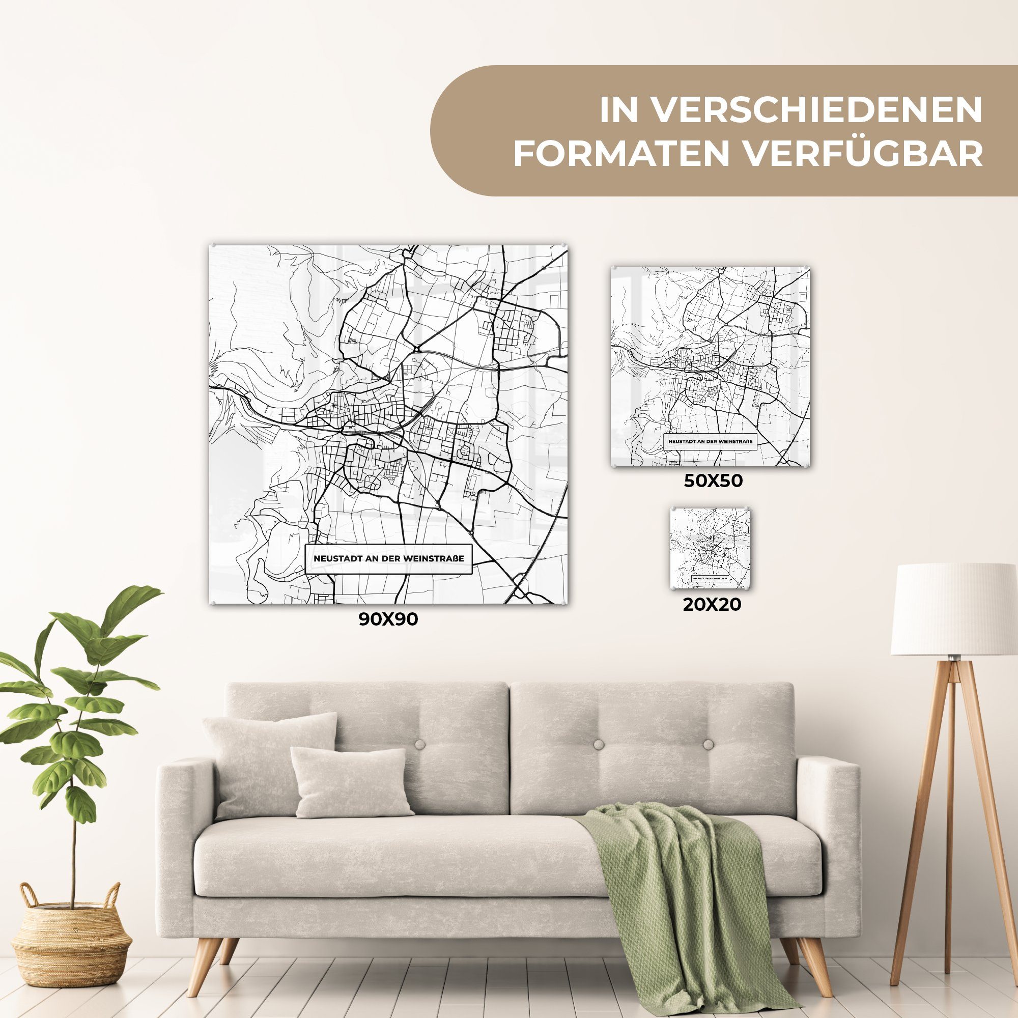 an Neustadt Stadtplan, Foto Glas - - St), - Bilder Glasbilder Glas MuchoWow Wanddekoration Acrylglasbild auf Weinstraße Wandbild (1 - auf - Karte der