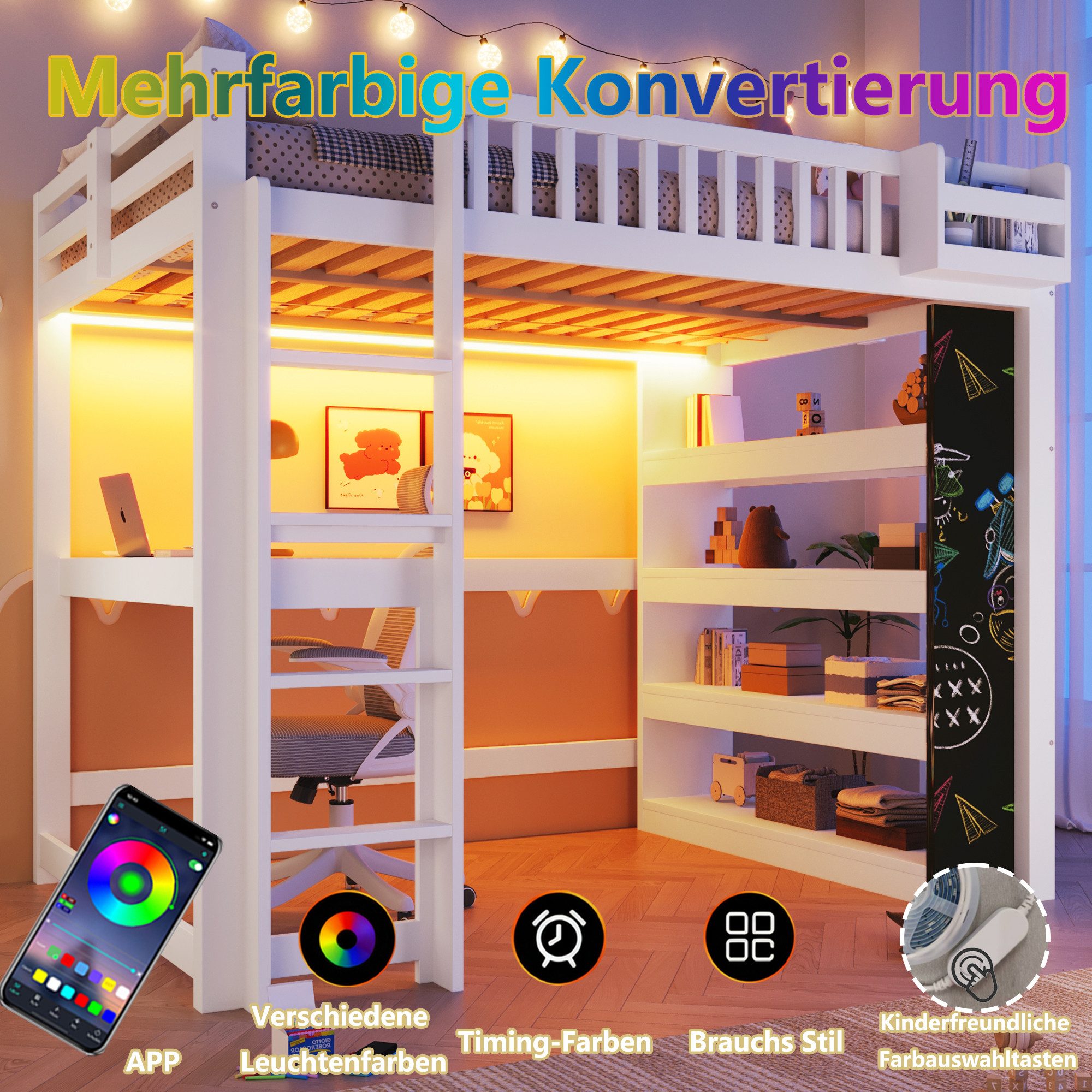Flieks Hochbett Kinderbett 140×200cm mit Kreidetafel Schreibtisch Regal LED-Leiste