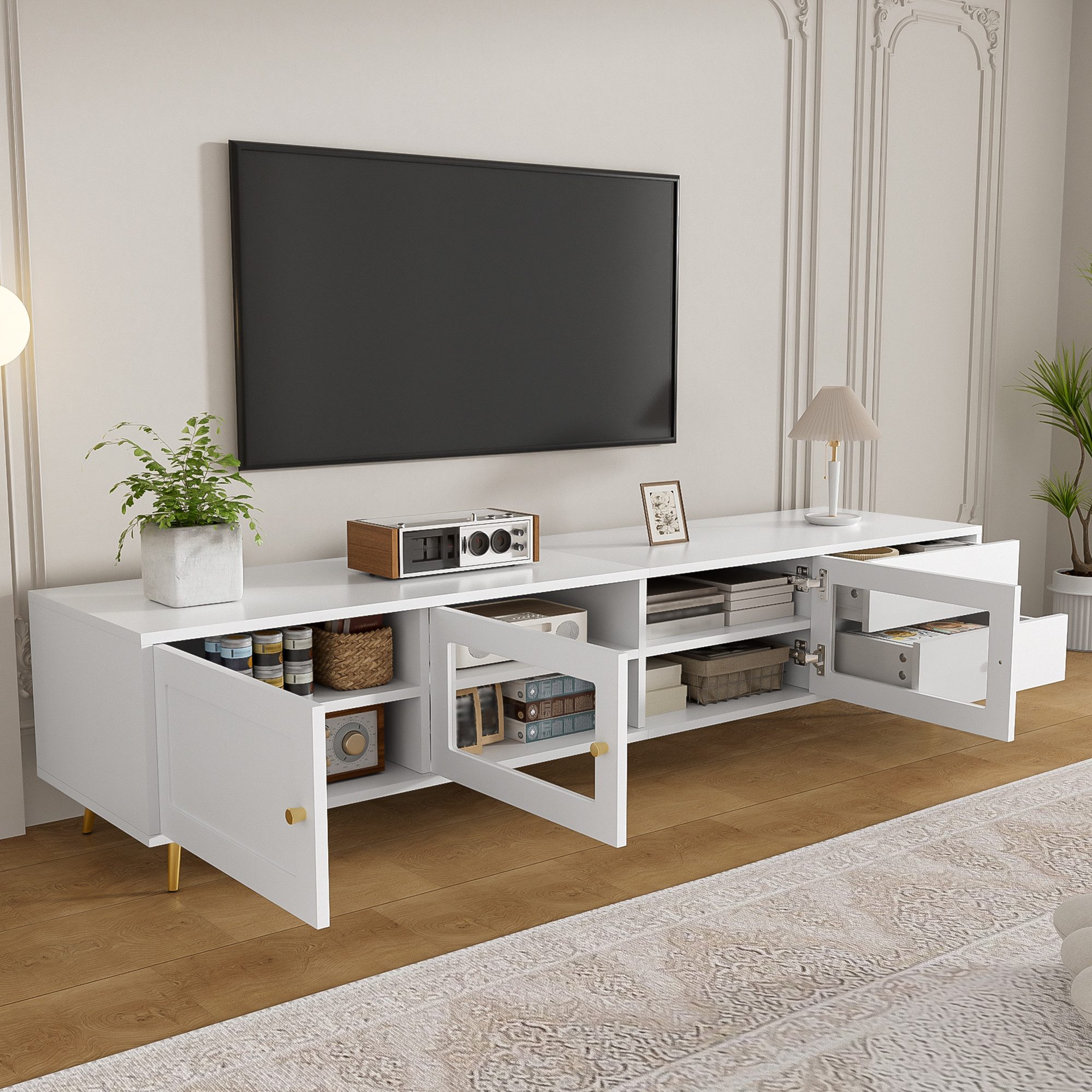 Flieks Lowboard TV-Schrank mit 2 Schubladen, 2 Glastüren, verstellbaren Einlegeböden (170×40×28 cm, 1 St., bodenstehend), Fernsehschrank TV-Board Weiß, goldfarbene Metallfüße und Metallgriffe