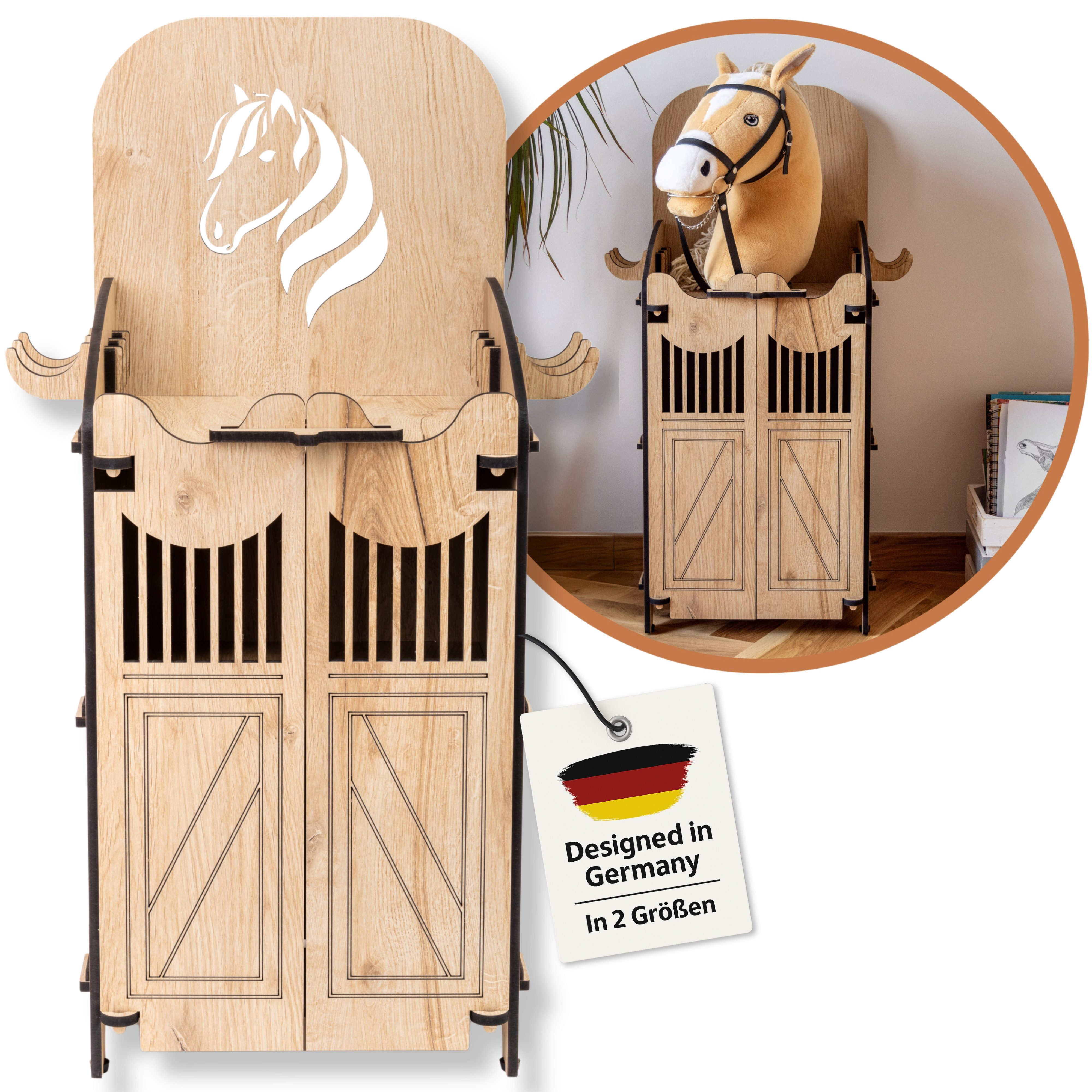 Hoofly Steckenpferd Hobby Horse Stall, (für 2 Pferde, für 1 Pferd, Hobby Horse Zubehör mit Türen & Haken)