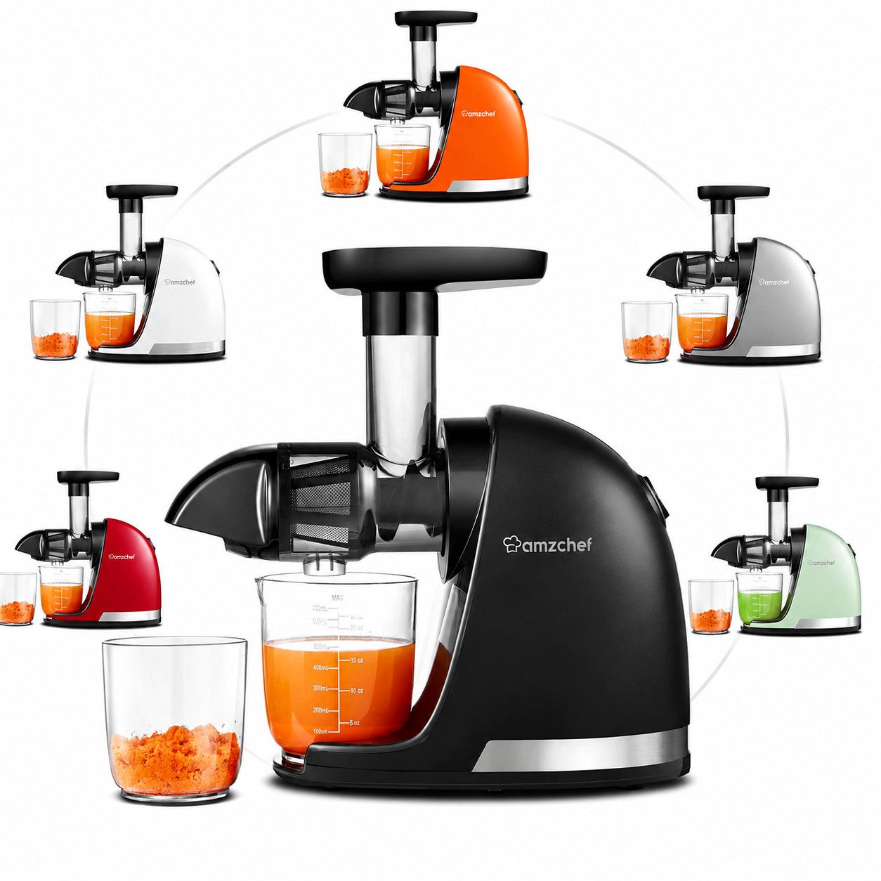 AMZCHEF Slow Juicer ZM1501, 150 W, 4-in-1, Schneckentechnologie, BPA-frei, Umkehrfunktion, leiser Betrieb