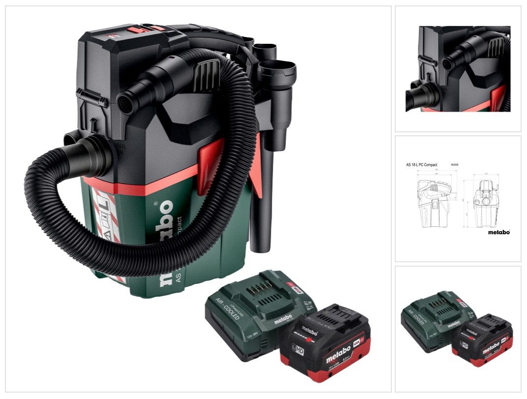 metabo Staubabsauger AS 18 L PC Compact Akku Sauger 18 V 6 l IPX4 Staubklasse L Nass