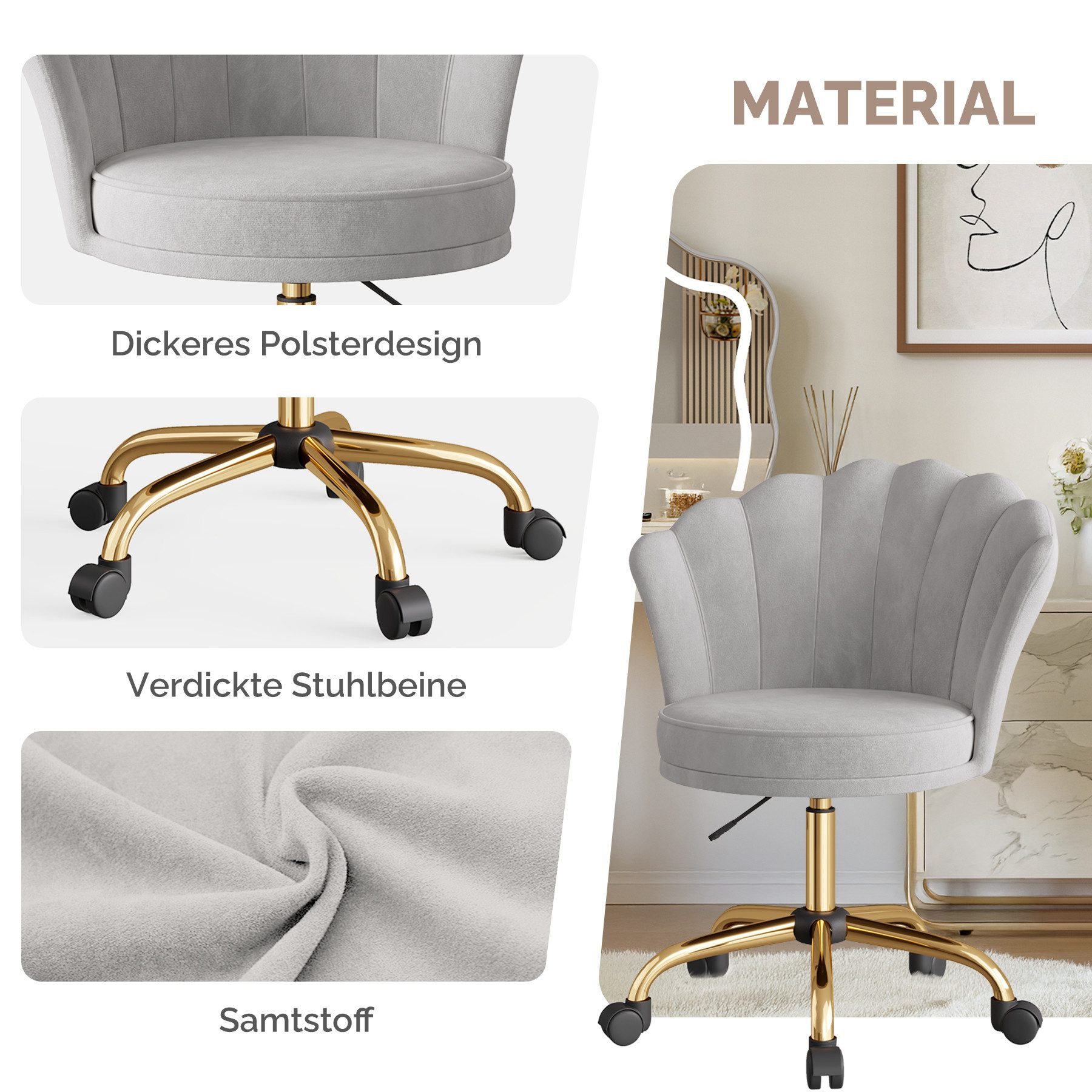 HawthyHome Bürostuhl Schreibtischstuhl mit Blütenrückenlehne, drehbar und höhenverstellbar (1 St), Samtbezug mit Kopfkissen, ergonomischer Stuhl – Bild 5 von 5
