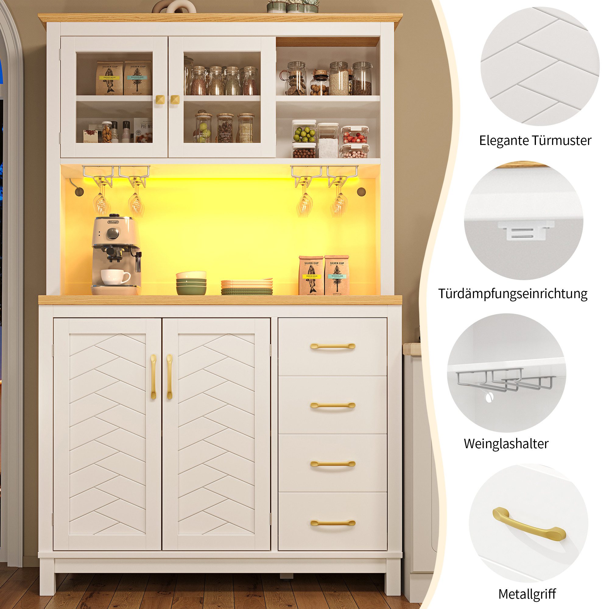 Celya Küchenbuffet Landhausstil mit LED und Getränkehalter (105.5x40x180cm, Mit 4 Türen und 2 Schubladen) für Küche, Esszimmer oder Wohnzimmer