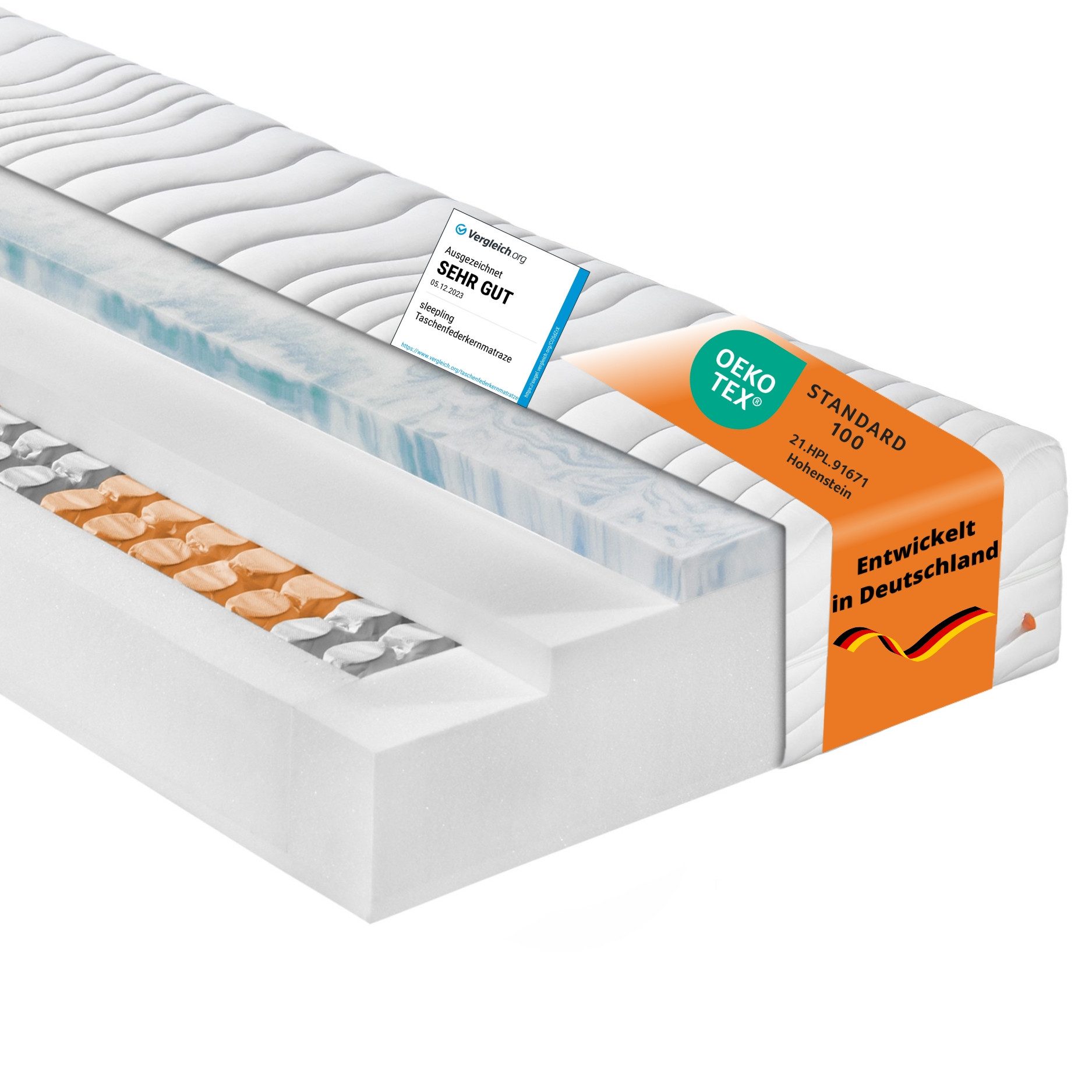 Taschenfederkernmatratze Innovation 320, 90x200 cm, 140x200 cm und weitere Größen, sleepling, 25 cm hoch, 7 - Liegezonen, mit Kalt- oder Gelschaumauflage