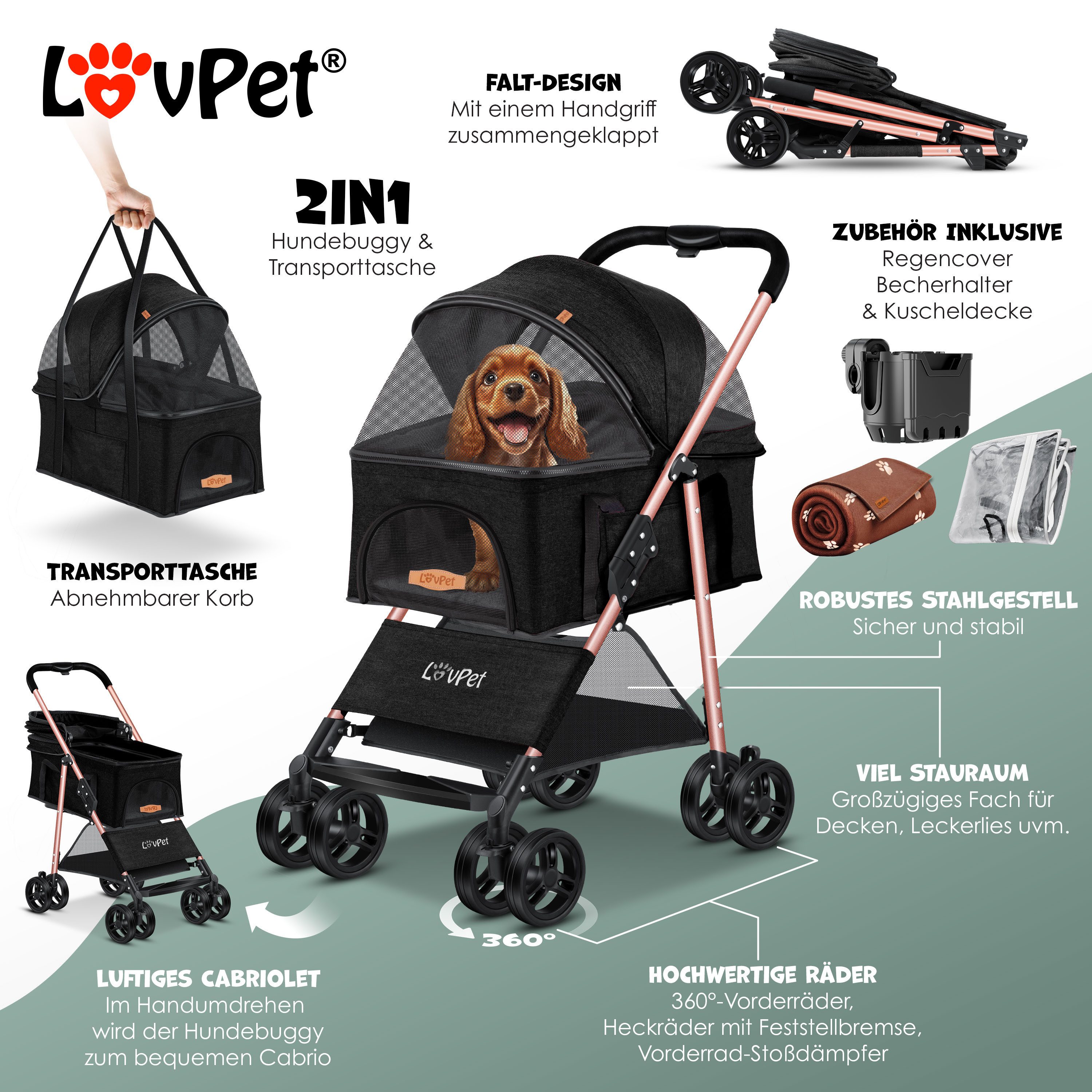 Lovpet Hundebuggy 2in1 Hundewagen max. bis 20kg Buggy für Haustiere, (Hundebox & Tasche mit Regenschutzabdeckung Getränkehalter Kuscheldecke), Haustier- & Katzenbuggy faltbar & klappbar mit Netzfenster