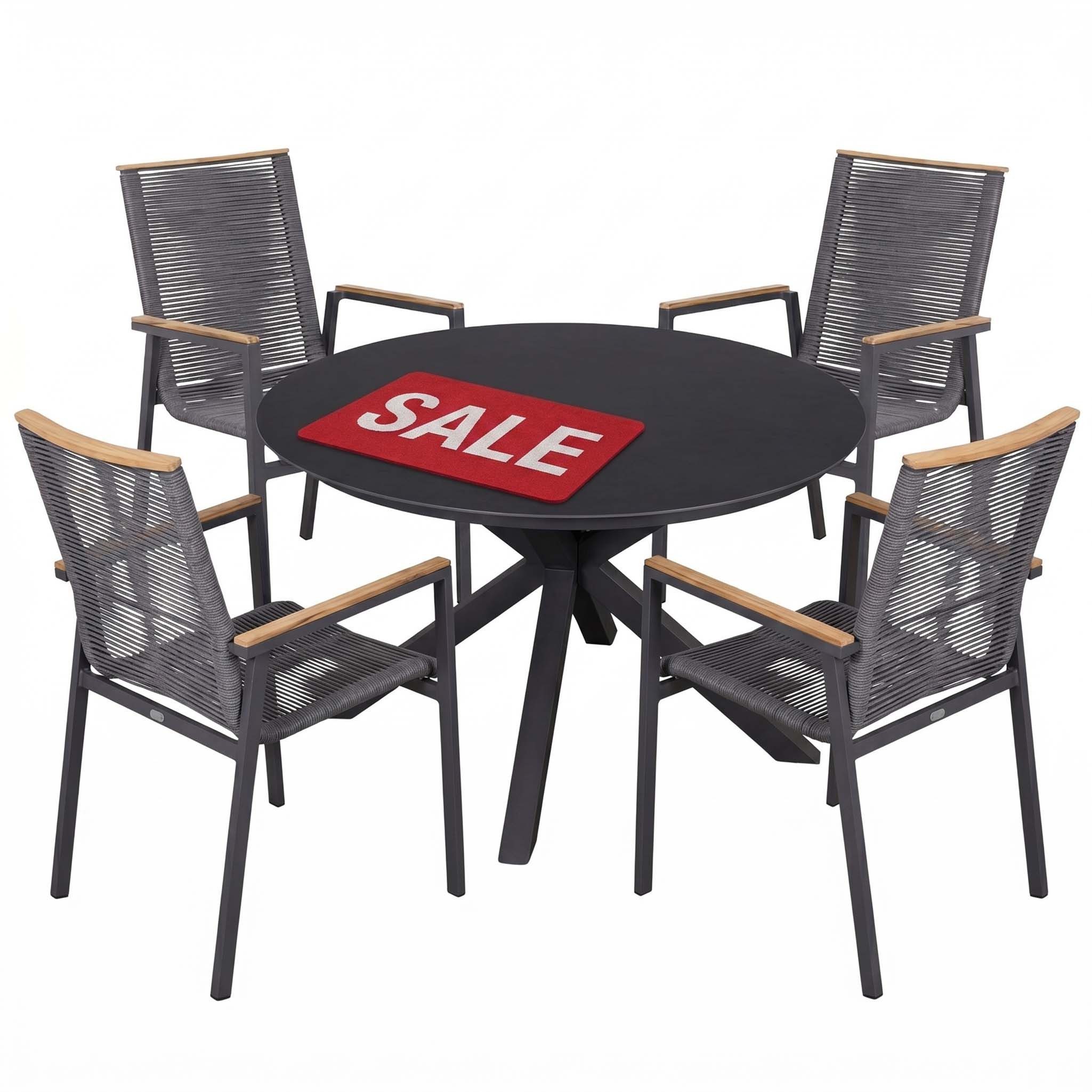 MR.DEKO Garten-Essgruppe Malaga Keramik Tisch rund Ø 120cm & 4 Gartenstuhl Alicante, (5-teilige Essgruppe: 1x Tisch rund Malaga & 4x Diningsessel Alicante, 5-tlg), Wetterfestes Alu-Set mit Teak-Armlehnen & grauer Keramik-Tischplatte