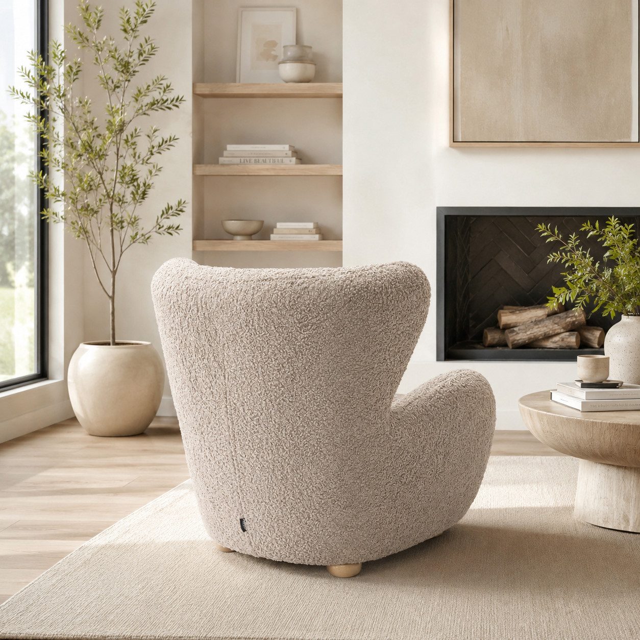 Goldstoff Sessel HUGSY Relaxsessel Boucle mit hoher Rückenlehne – Skandi & Boho Stil (Einzelsessel, Loungesessel), mit Relaxfunktion – Bild 4 von 5