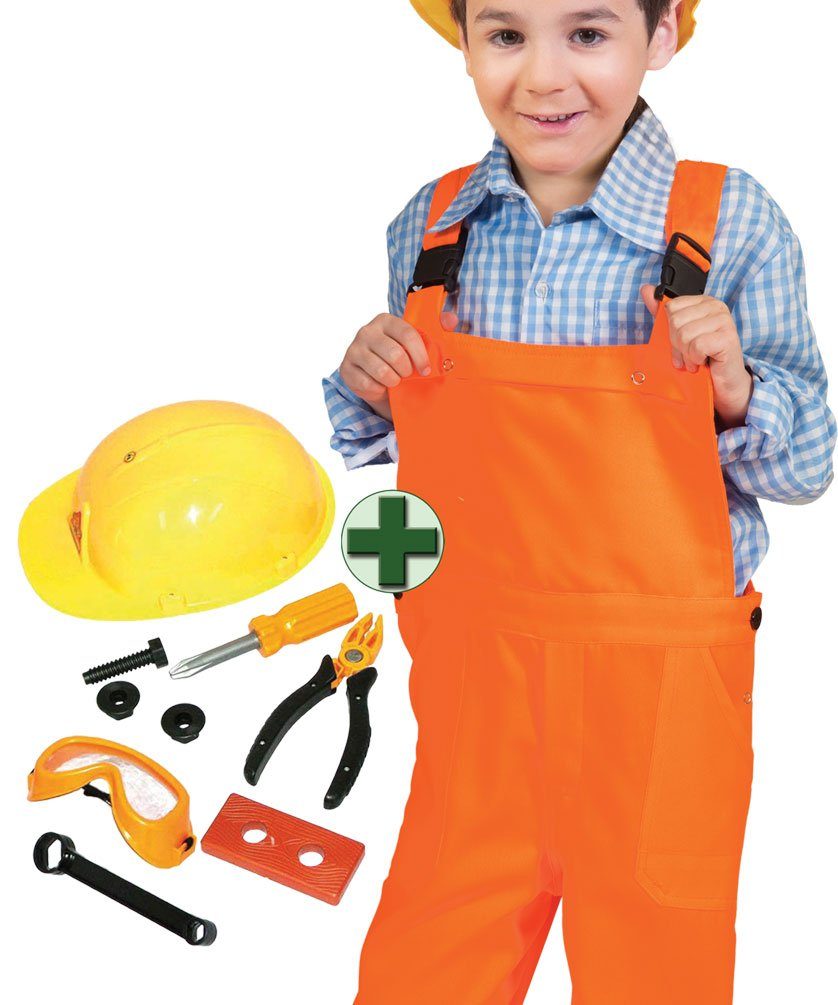 Karneval-Klamotten Kostüm Bauarbeiter Kinder orange mit Zubehör Set, mit Bauarbeiter Set