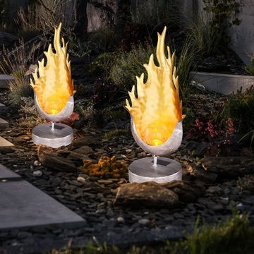 etc-shop Gartenleuchte, LED-Leuchtmittel fest verbaut, LED Solar Tisch Steh Lampe Flammen Design Crackle Glas Kugel Leuchte