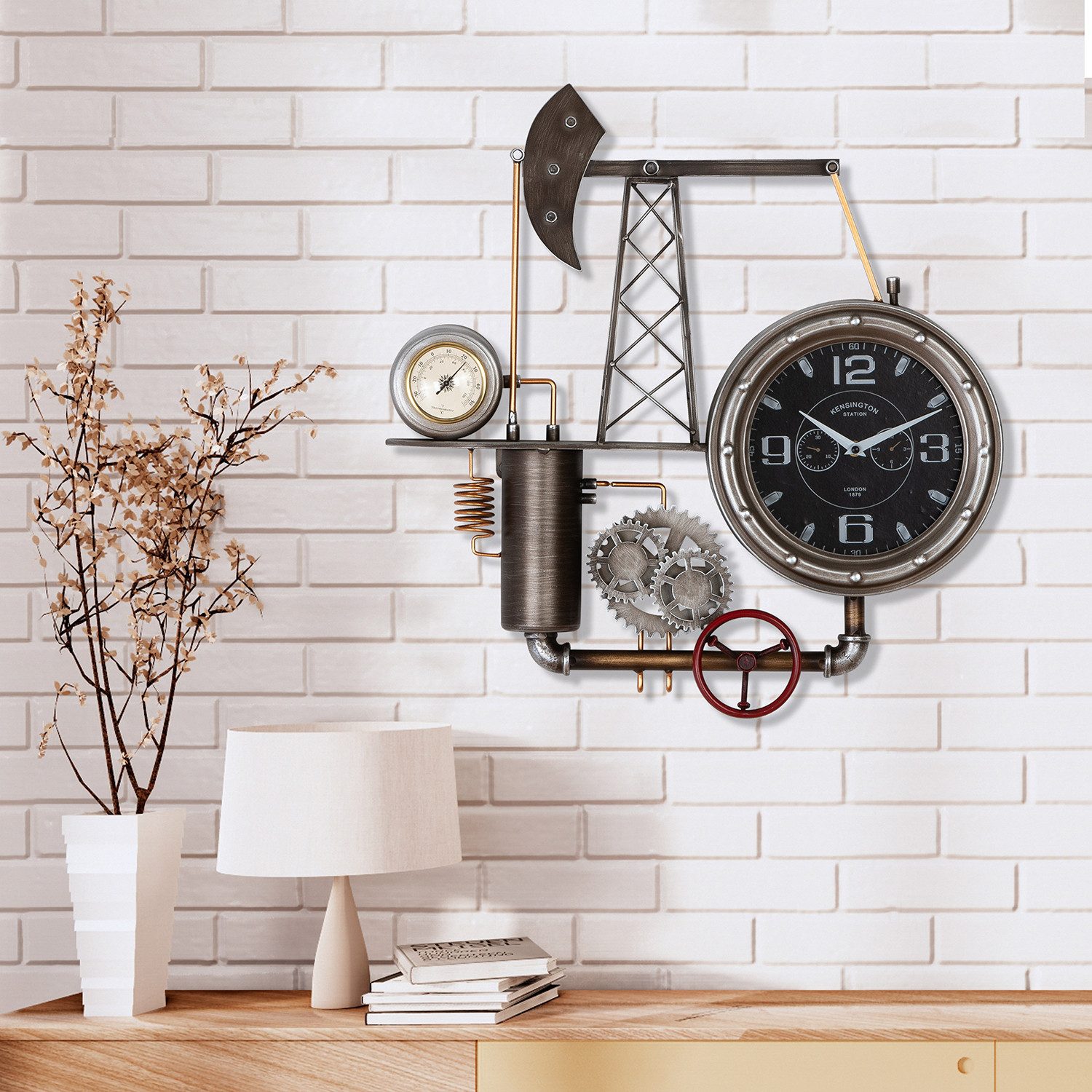 GILDE Wanduhr ÖLFÖRDERTURM Wanduhr - silber - Metall - Höhe 56cm x Breite 55cm (Wanduhr - Hängeuhr - Uhr)