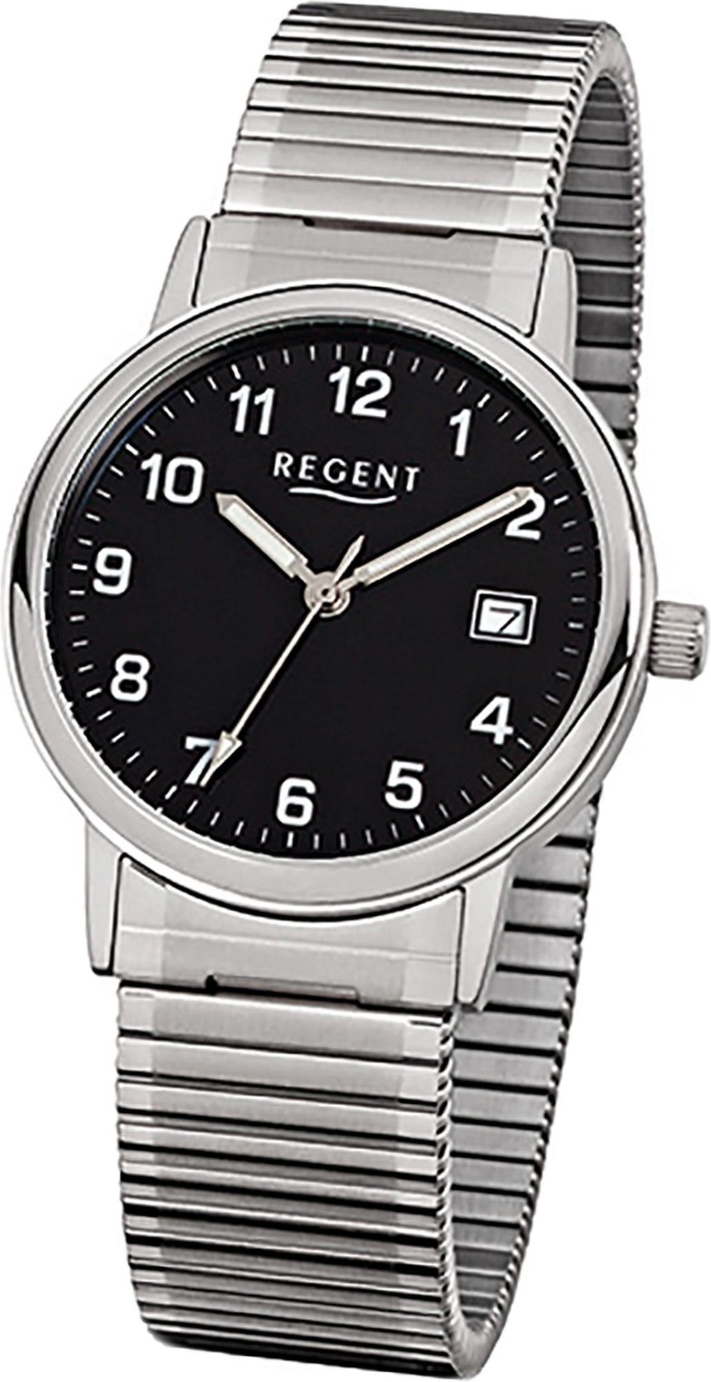 Regent Quarzuhr Regent Stahl Herren Uhr F-704 Quarzuhr, Herrenuhr Edelstahlarmband silber, rundes Gehäuse, mittel (ca. 35mm)