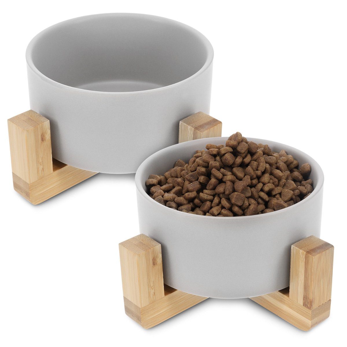 Napf 2x Futternapf mit Bambus Halter - 2er Set Keramiknapf für Katzen/Hunde