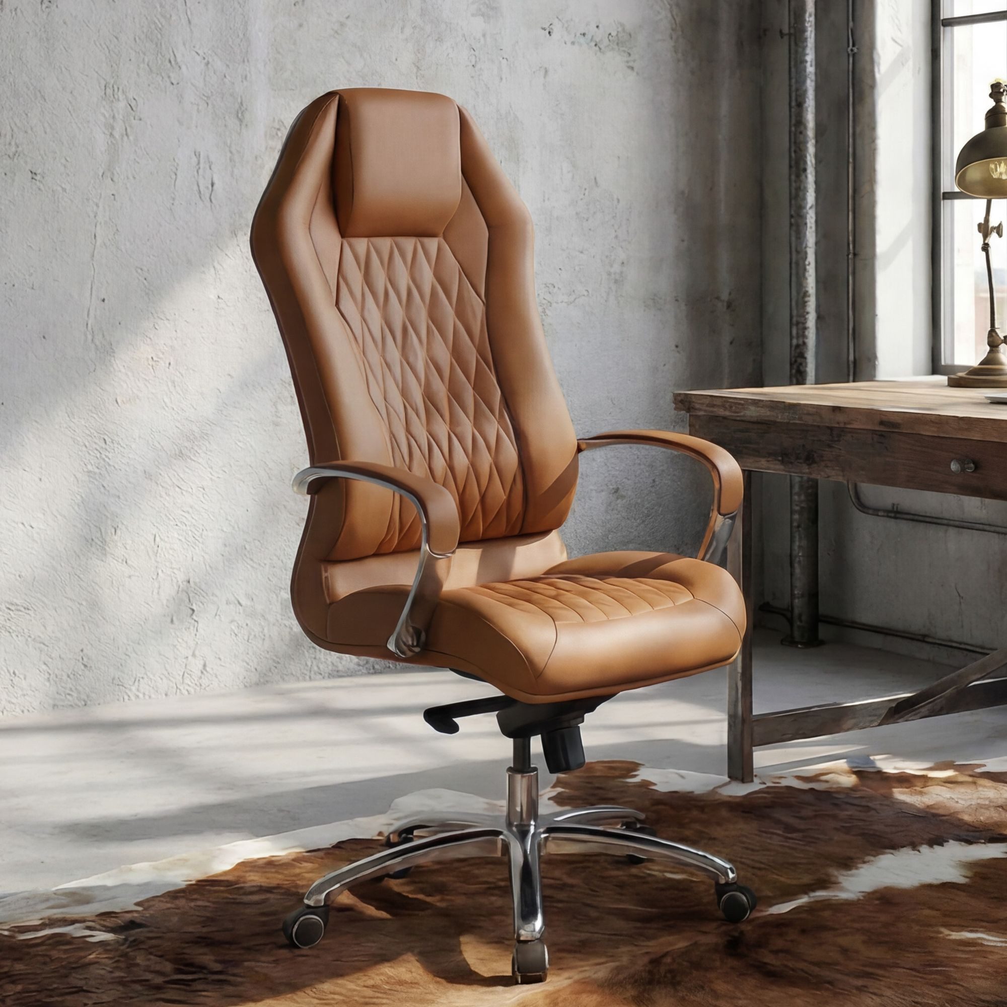 FINEBUY Chefsessel Bürostuhl MONTEREY Echtleder Schreibtischstuhl Drehstuhl (Bürostuhl MONTEREY Echtleder Caramel 120KG), Schreibtischstuhl Hohe Rückenlehne mit Kopfstütze