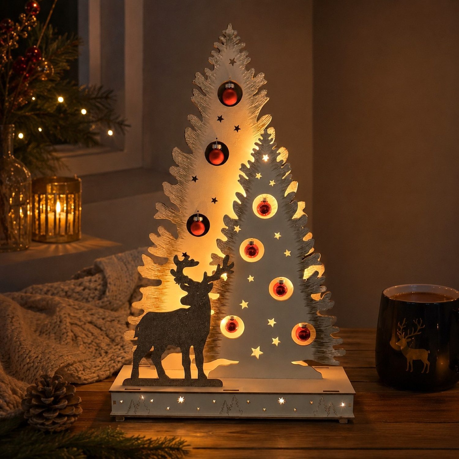 Online-Fuchs LED Lichterbogen Lichterspitze, Weihnachtsbaum mit Hirsch und Weihnachtskugeln, Weihnachtsdeko mit warmweißer LED-Beleuchtung - 477242