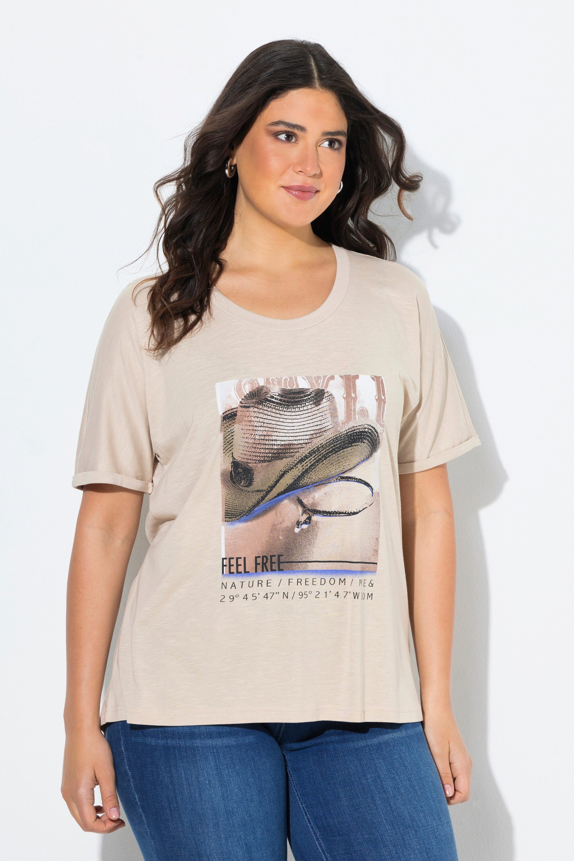Ulla Popken T-Shirt T-Shirt Cowboyhut Oversized Rundhals Halbarm