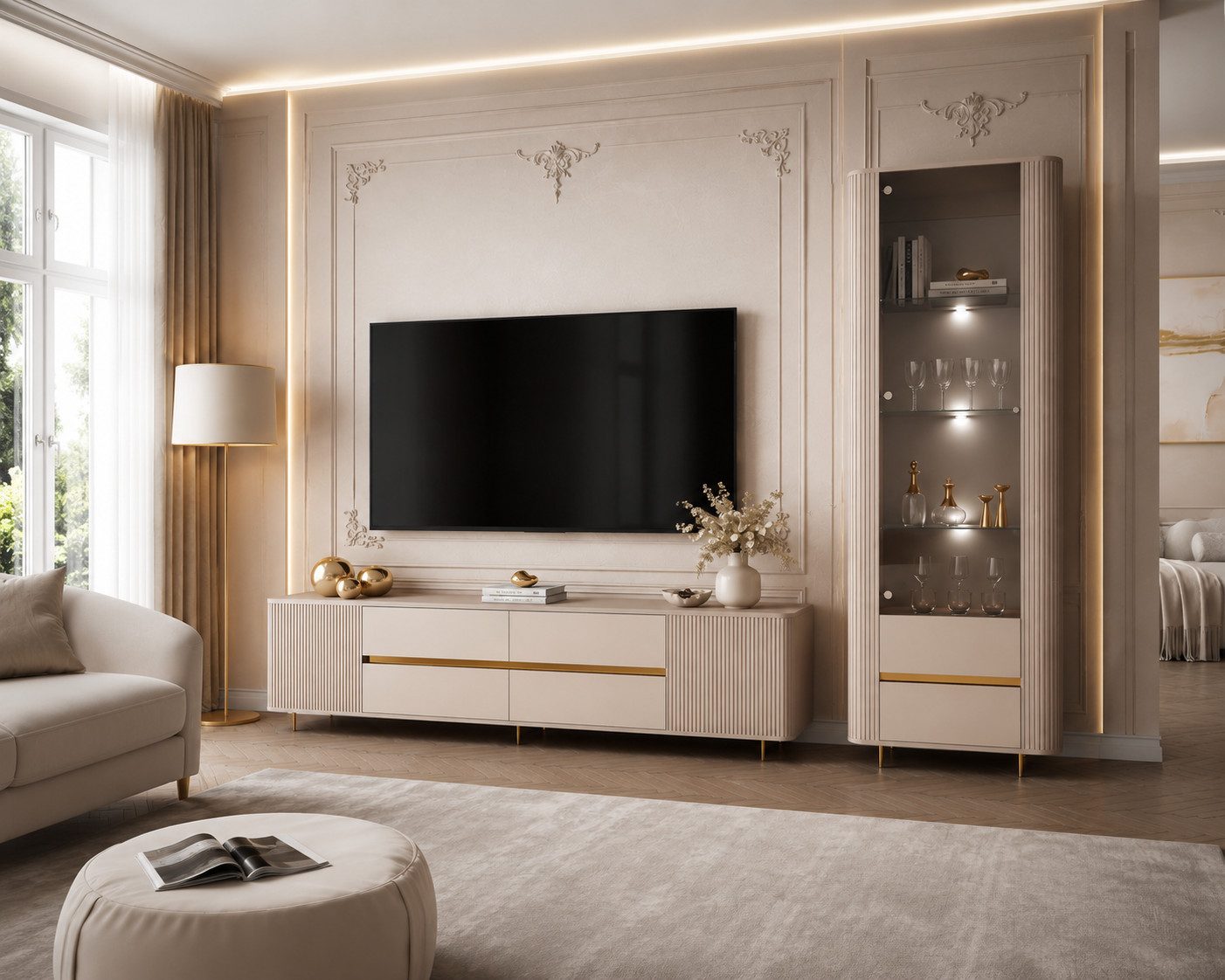 ALLHOUSE24 Wohnzimmer-Set MIRACLE GOLD mit LED Beleuchtung Vitrine, TV-Schrank, Sandbeige, (2-St., Das Set besteht aus: Vitrine, TV Schrank), Breite: Vitrine: 76 cm, TV-Schrank: 240 cm