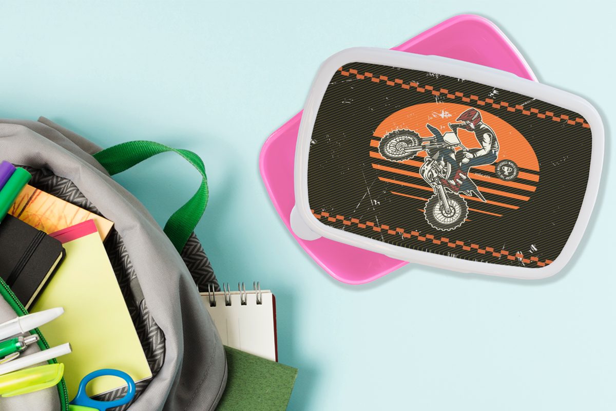 Kinder, - Brotbox rosa Design, Mädchen, Kunststoff (2-tlg), - Erwachsene, Oldtimer MuchoWow Brotdose für Snackbox, Kunststoff, Motorrad Lunchbox