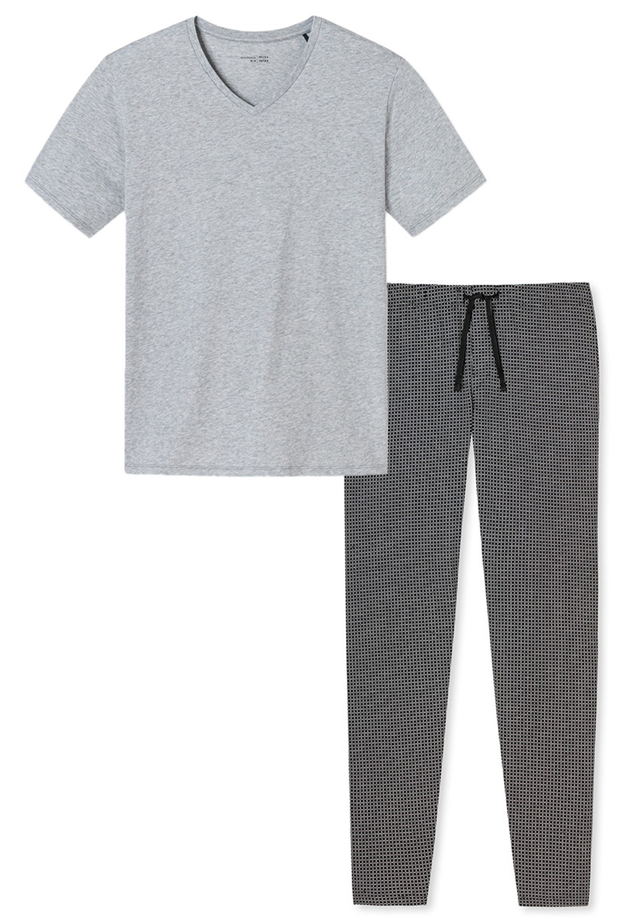 Schiesser Pyjama Mix (Set, 2 Baumwolle Schlafanzug Kurzarm-Shirt - - / tlg) Schwarz Grau mit V-Ausschnitt