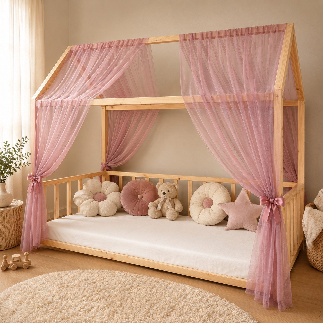 Baby Fancyroom Betthimmel Hausbett Himmel Premium Tüll, Baldachin für Kinderbett Mädchenzimmer, 2-teilig, mit 4 Schleifen, Premium Tüll