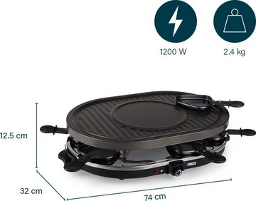 PRINCESS Raclette 162700 - Oval - 8 Pfannen, 8 Raclettepfännchen, 1200 W, Multifunktionale Platte, inklusive 8 Pfännchen und 8 Holzschabern