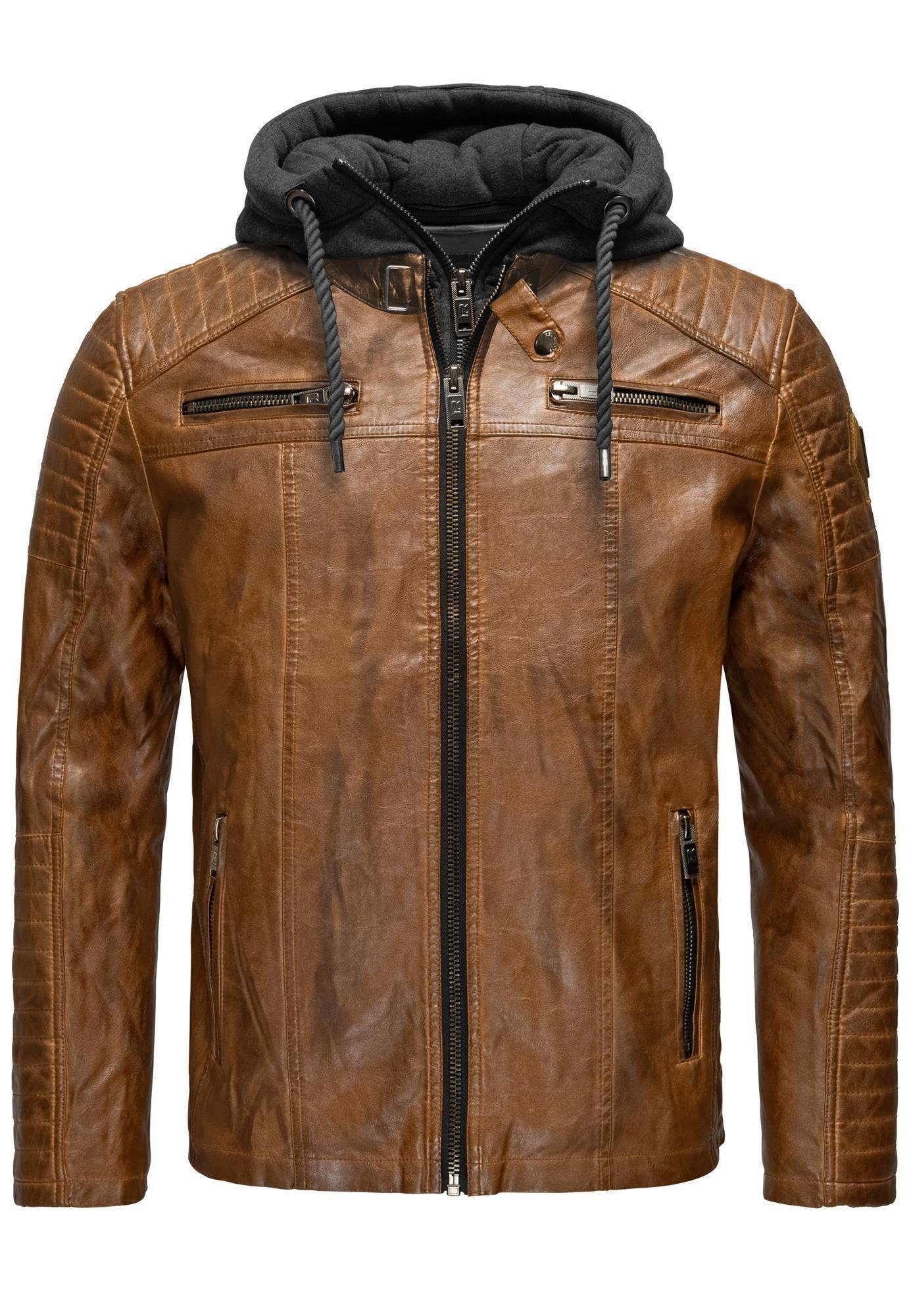 Lederimitatjacke Kunstleder Bikerjacke mit Sweat-Kapuze Two in One